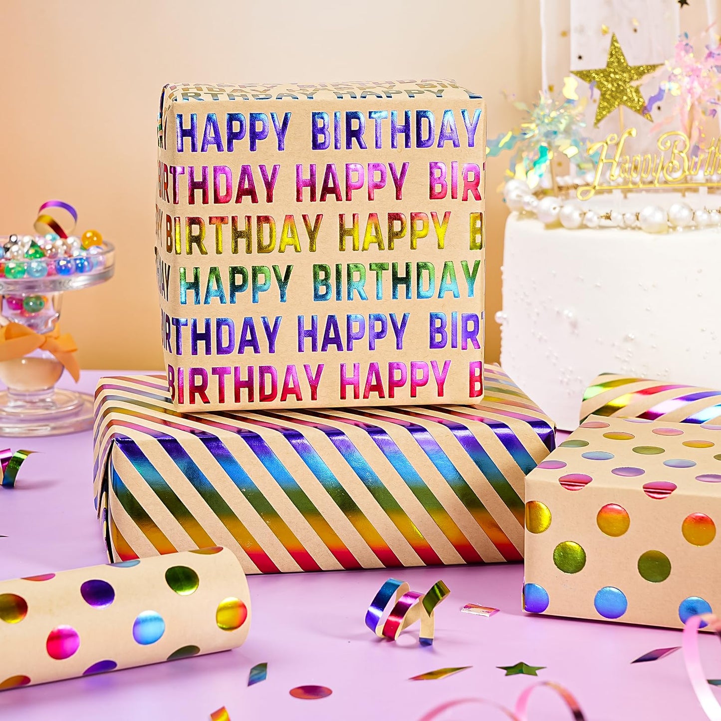 WRAPAHOLIC Kraft Birthday Wrapping Paper Roll - 3 Mini Rolls - 17 Inch x 120 Inch Per Roll - Rainbow Foi Happy Birthday Wrapping Paper for Boys Girls Kids, Baby Shower