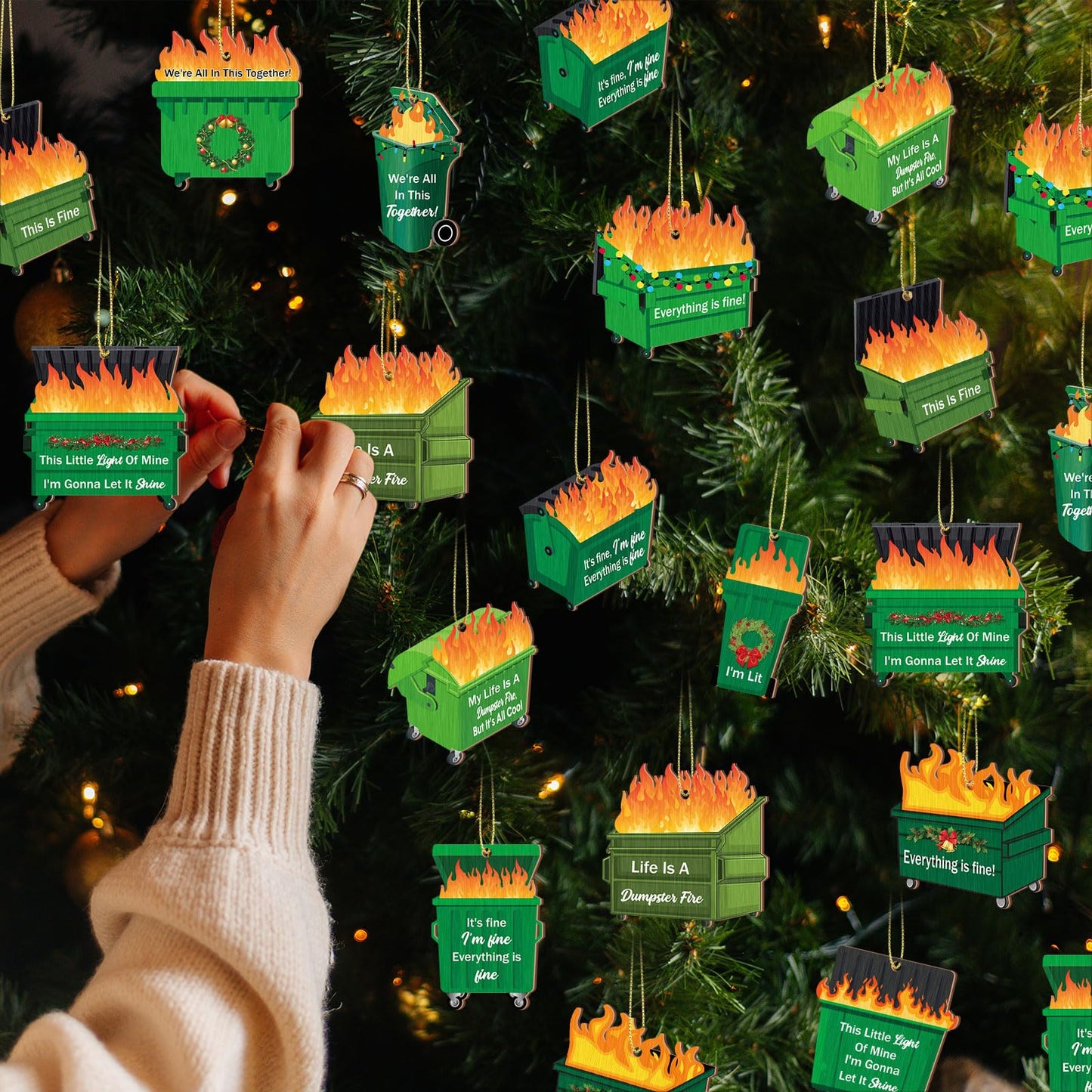 Vercraft 36 Pcs Dumpster Flame Christmas Ornaments 2026 Its Fine Im Fine Everything is Fines Funny Wooden Christmas Hanging Ornaments for Xmas Tree Holiday Decorations
