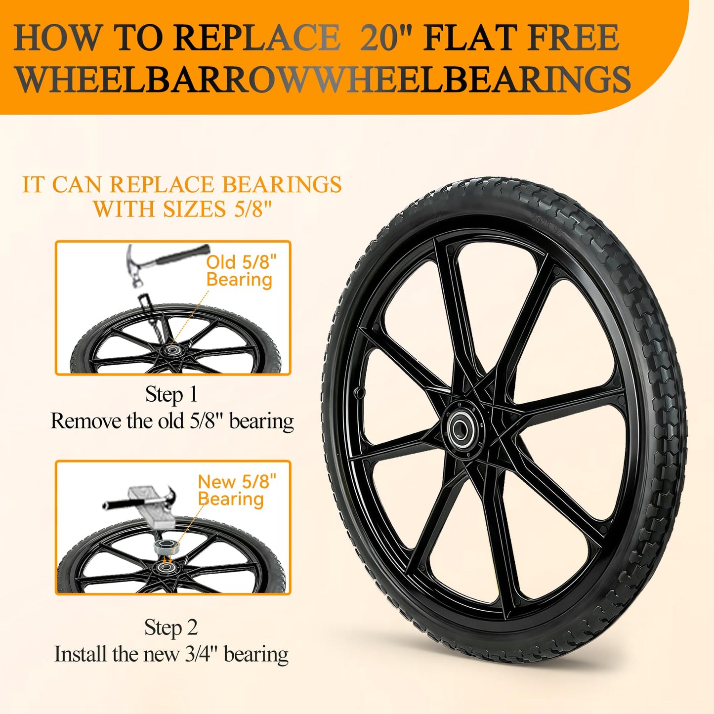 20” Flat Free Wheelbarrow Wheels and Tires, with 2.45” Centered Hub, 5/8” Extra 3/4”Bearing, Compatible with Rubbermaid Wheelbarrow wheels, Garden Carts (2 pcs) (black)