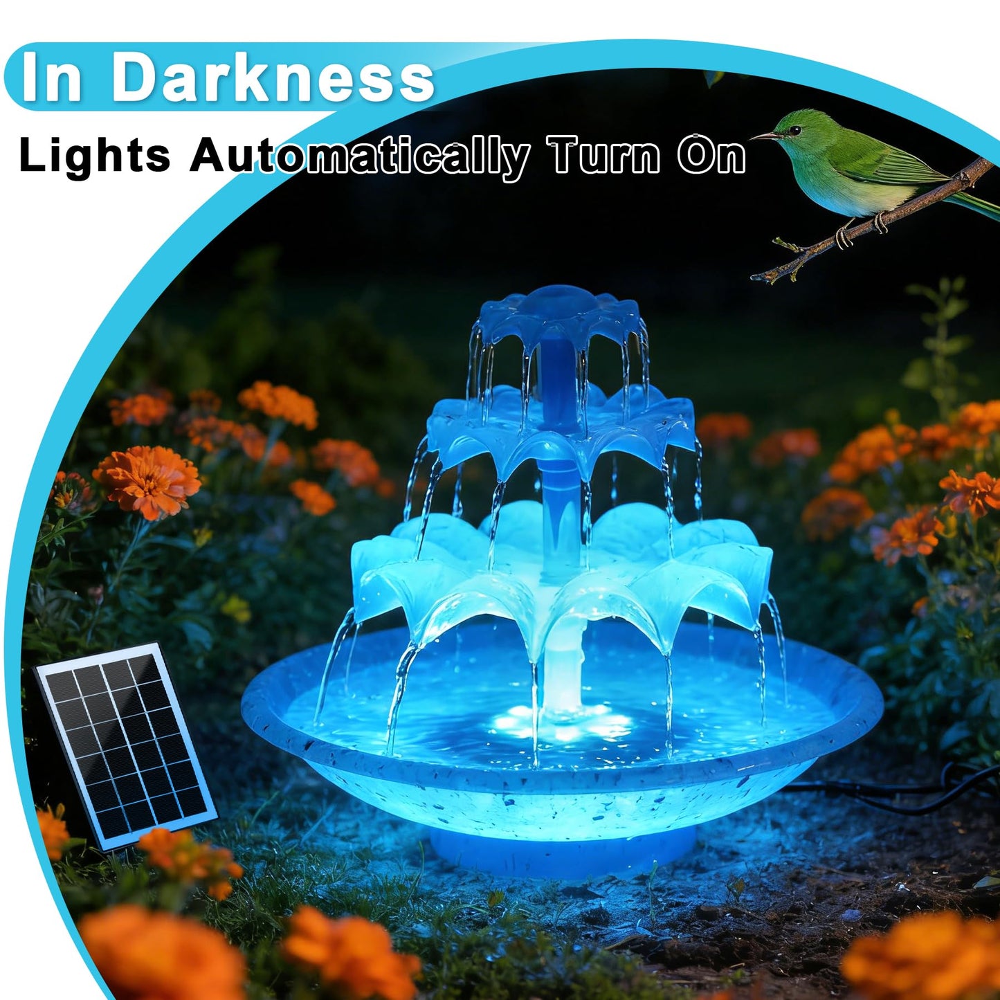 3.5W Solar Fountain Pump for Bird Bath, 3-Tier Blue Solar Water Pump with 8 LED Lights, 32.8FT Power Cord and Adapter Included, Dual-Powered for 24/7 Use for Garden, Pond, Pool, Fish Tank and Lawn