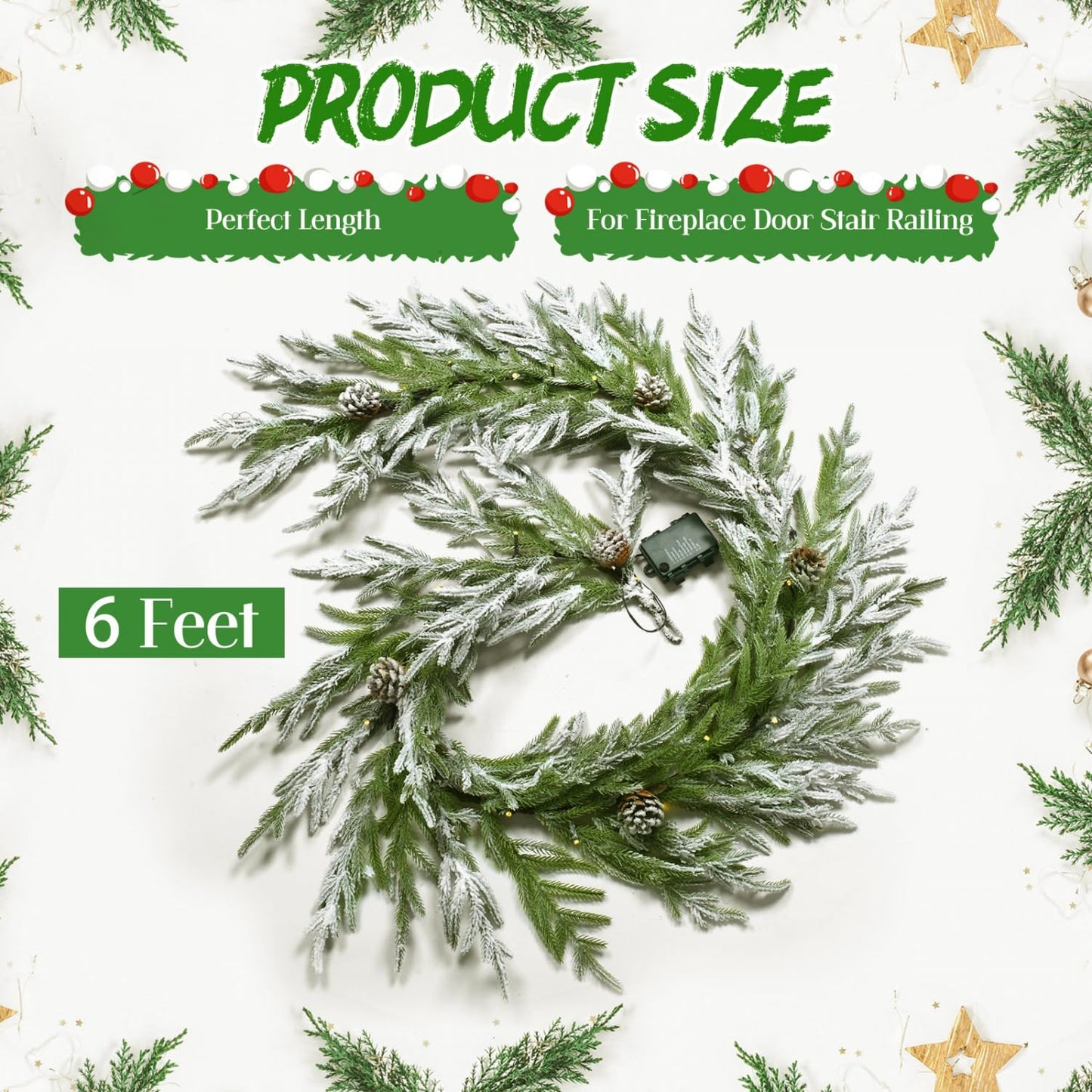 YoleShy 6FT Real Touch Norfolk Pine Garland Christmas Garland with Pinecone and White Snow (1, 6 FT)