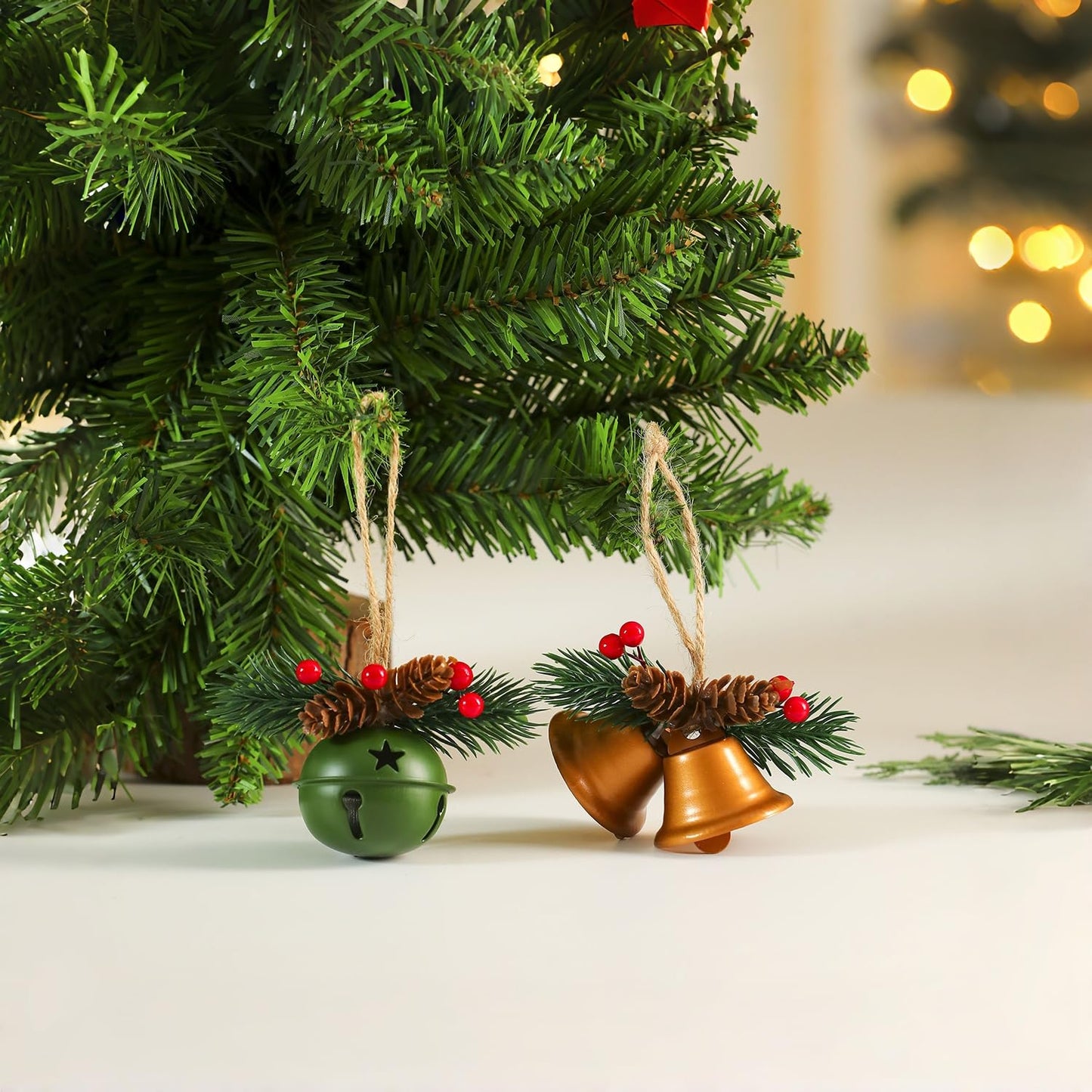 5 Pack Rustic Christmas Bell Ornaments with Pinecones & Berries - Metallic Hanging Decor for Christmas Tree,Mantel,Home (Green,Gold,Red,White)