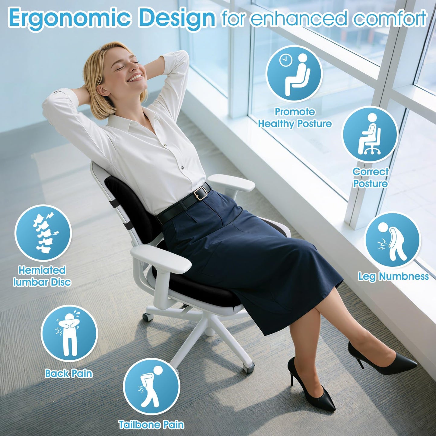 CushZone Ergonomic Seat Cushion & Lumbar Support Pillow - Memory Foam for Sciatica Pain Relief & Posture Correction, Non-Slip Chair Cushions for Office Chair/Car/Wheelchair/Travel (Black)