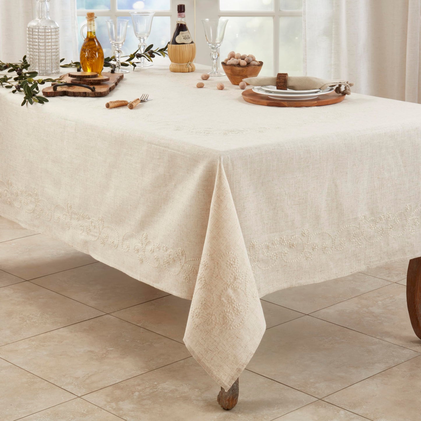 SARO LIFESTYLE 001.N1690B Augustina Collection Embroidered Swirl Design Linen Blend Table Runner, 16" x 90", Natural