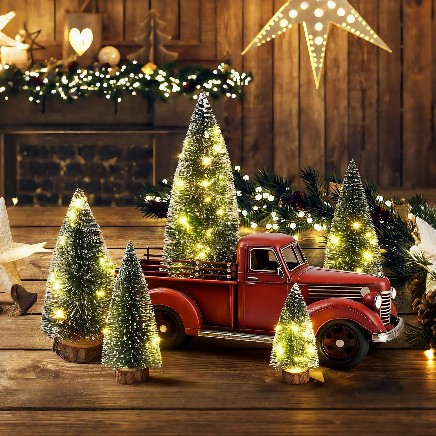 Mini Christmas Tree with Lights, Small Table Top Decorations, Desktop Miniature Pine Tree Xmas Holiday Decor Indoor Home, Bottle Brush Trees with Wooden Base, 5 Pcs with Light