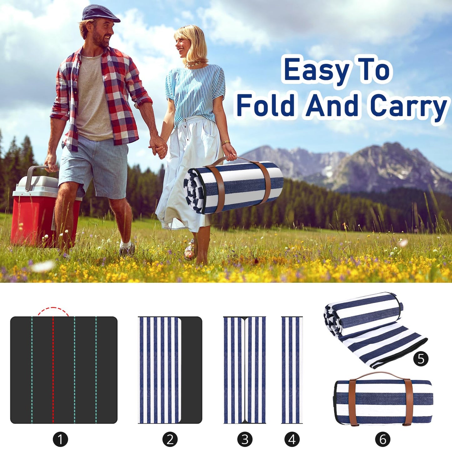 Timirock Striped Picnic Blankets 80” x 80” Extra Large Waterproof and Foldable Beach Blanket, Oversized Blue and White Outdoor Blanket for Camping, Travel, Park, Grass, Patio (Blue & White, 80" x 80")
