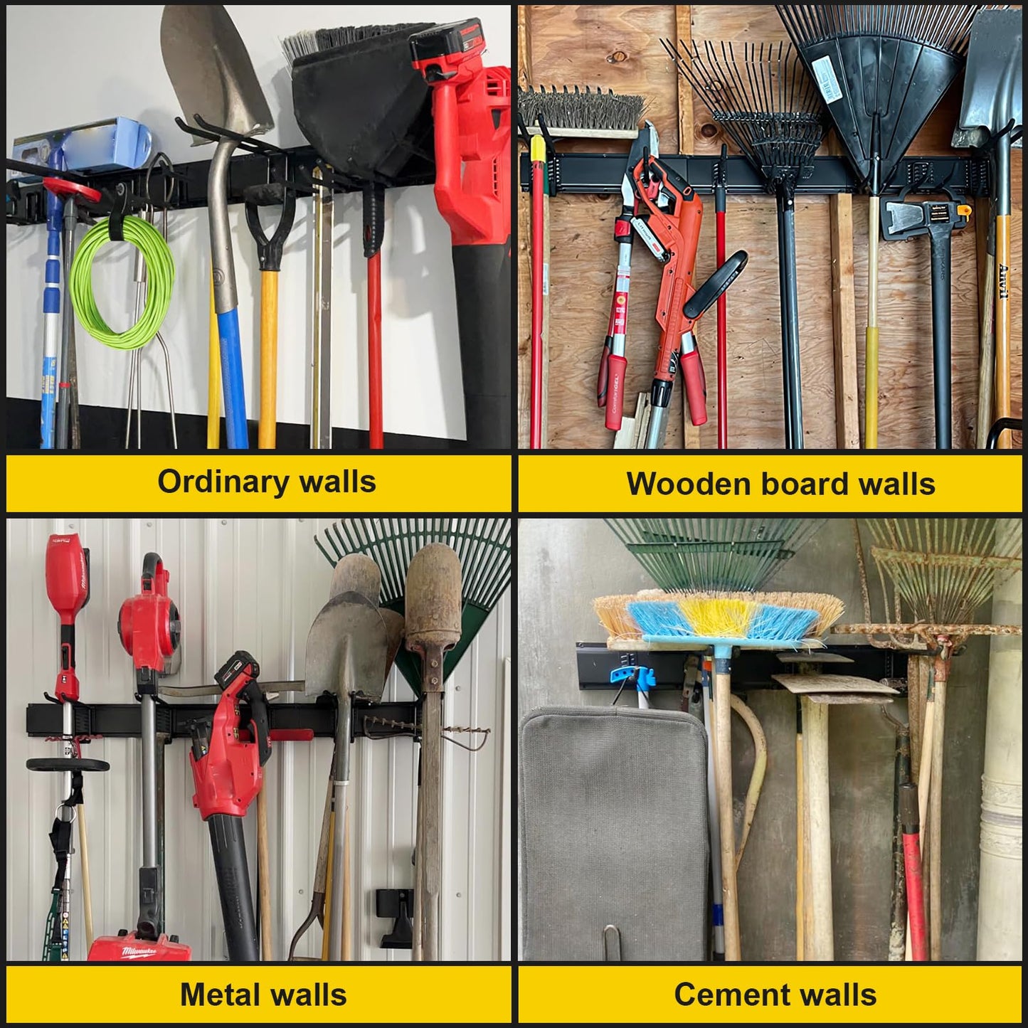 Garage Tool Organizer Wall Mount, 48 Inches Garden Garage Storage Organizer with Adjustable Hooks, Metal Garage Storage Rack Max Loading 440lbs, Tool Holder for Hanging Rake Broom Mop Snowboard