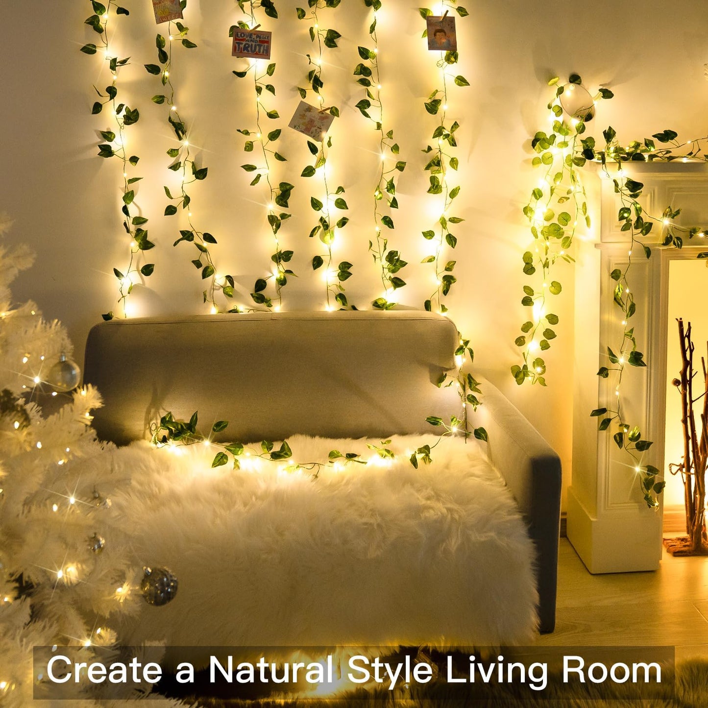 suddus Vine with Fairy Lights Battery Operated, 33ft100 LED Pothos String Lights with Remote, Leaf Lights for Bedroom, Room, Wall, Garden, Party, Wedding Dorm Decor(Warm White)