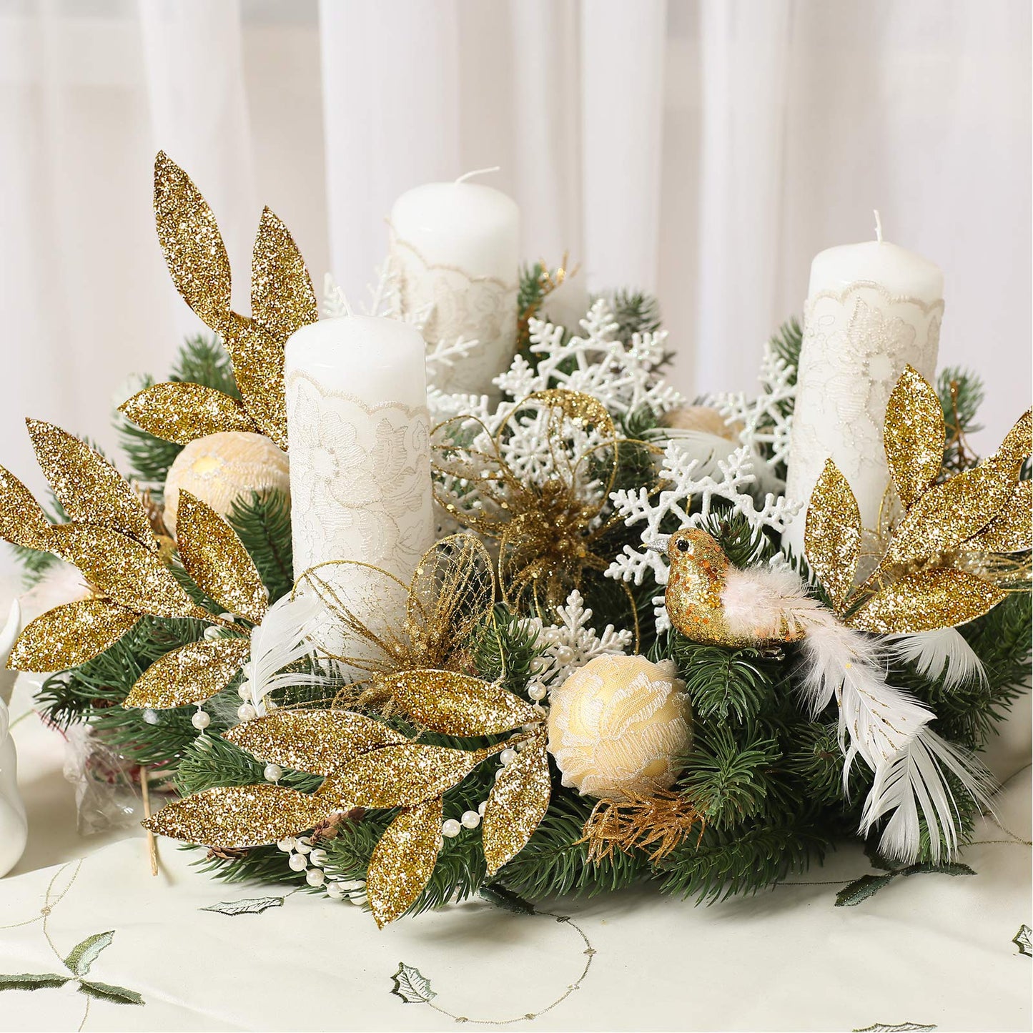 20 Pieces Gold Glittered Artificial Leaf Spray Picks 12" Tall for Christmas Winter Wedding Wreath Tree Swag Floral Arrangment Vase Bouquets Table Centerpieces Decoration