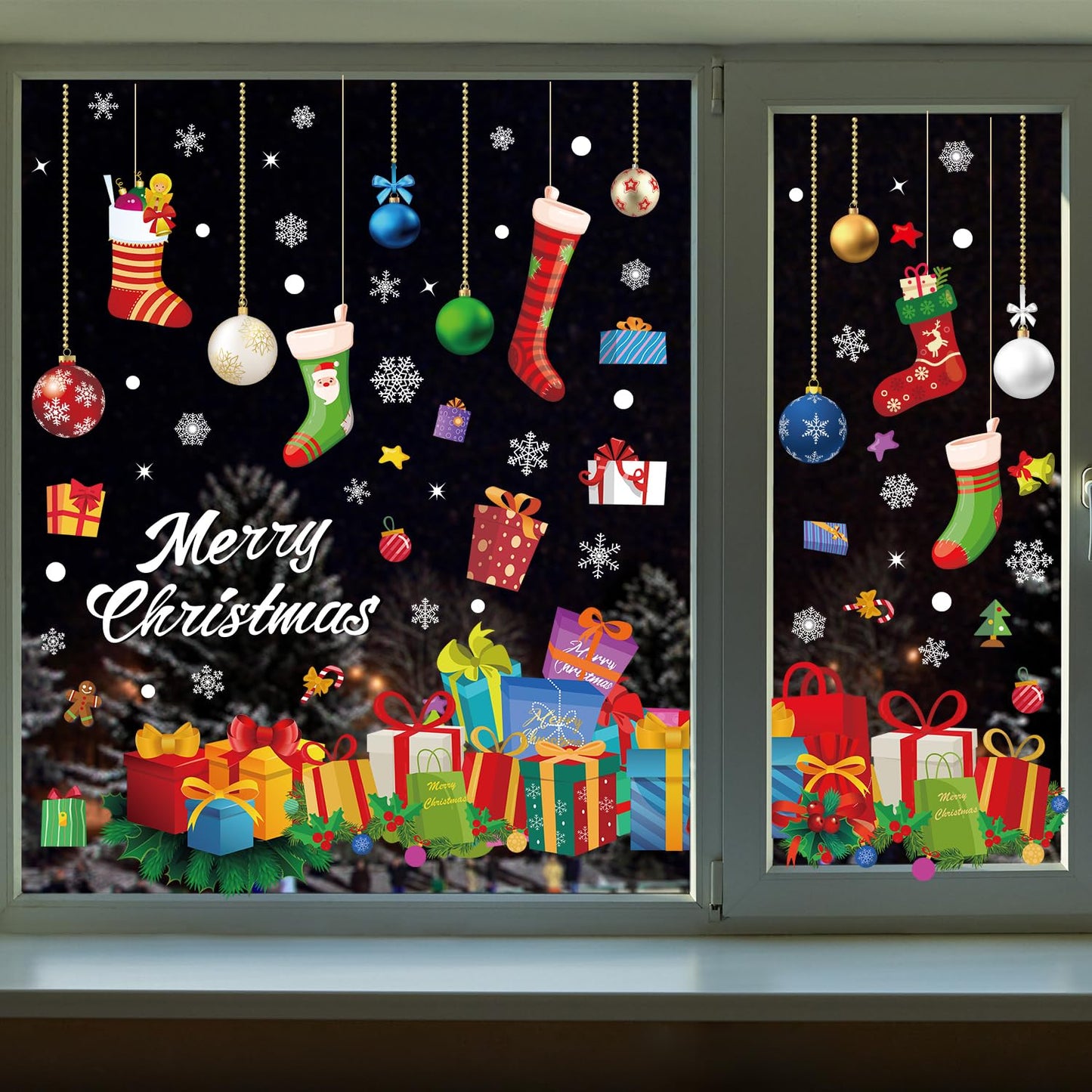 Quera Christmas Window Clings Christmas Ball Snowflake Gift Box Dot Static Window Stickers for Xmas Holiday Window Decorations Decal Home Party Ornaments, 11.8 "X 11.8", 6 Sheets
