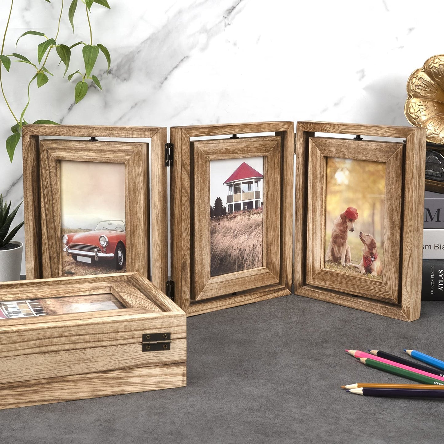 Emfogo 4x6 Picture Frame Rustic Wood Hinged Folding Triple Picture Frames Collage, Double-Sided Display Rotatable High Definition Glass Photo Frame for Home TableTop(Carbonized Black)