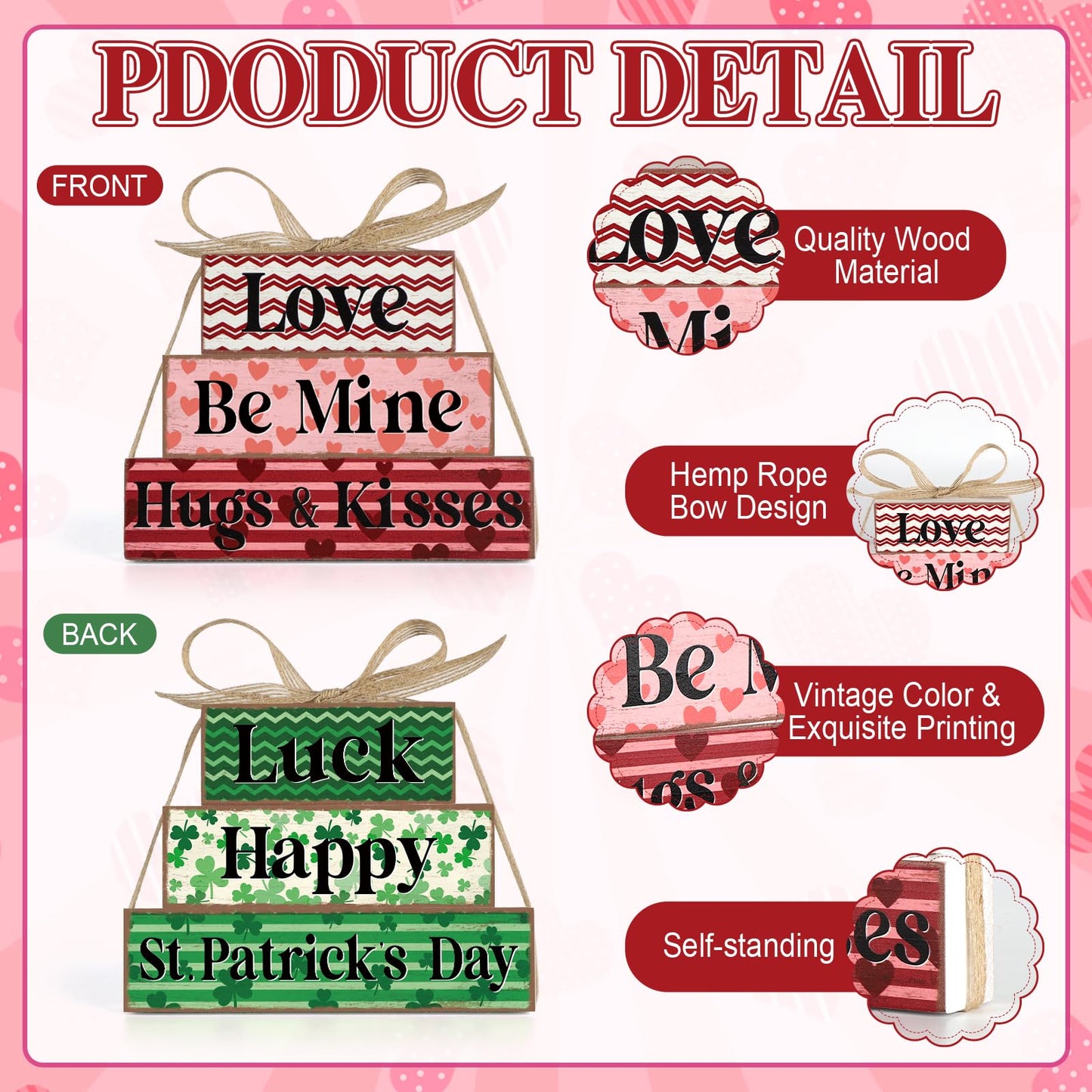 Valentine's Day Decoration Reversible Valentine St. Patrick's Day Table Decoration Wooden Table Centerpieces Rustic Valentine Tabletop Sign Bundle Double Side Irish Tiered Tray Decor for Home Office Decor