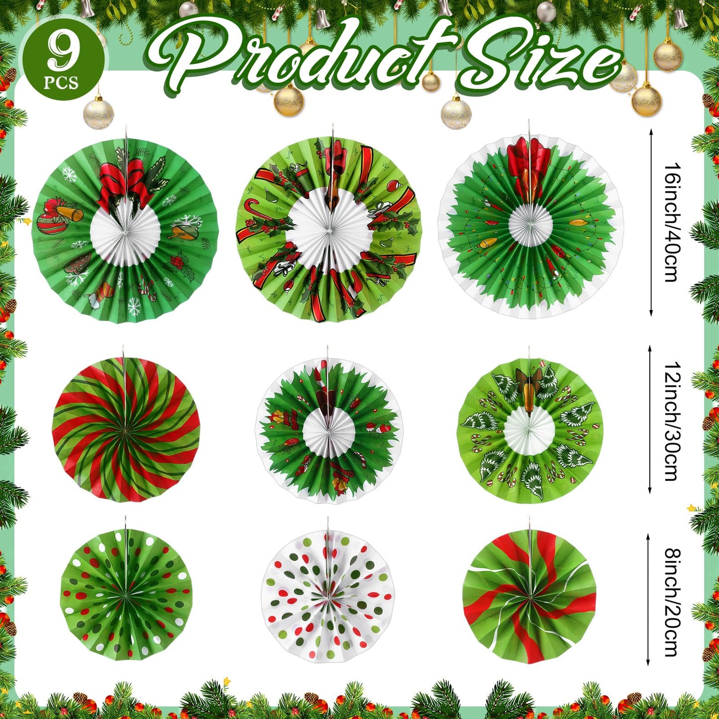 Outus 9 Pcs Christmas Hanging Decorations Candy Paper Fans Peppermint Classroom Christmas Decorations Party Ceiling Wall Hanging Decor Red Green Elf Bulb Wreath Gift Box Winter Holiday Birthday