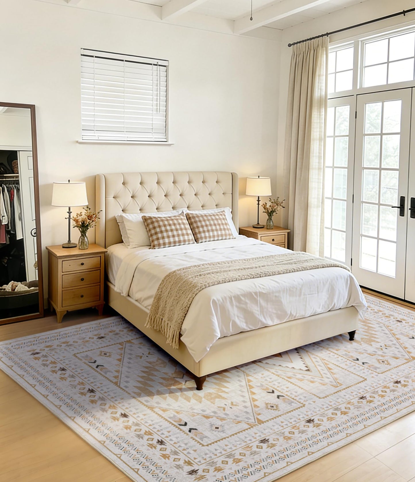 Boho Farmhouse Area Rug 5x7, Washable Tribal Rug for Bedroom, Non-Slip Medallion Rugs for Living Room Dining Room, Entryway (Beige/Yellow, 5'x7')