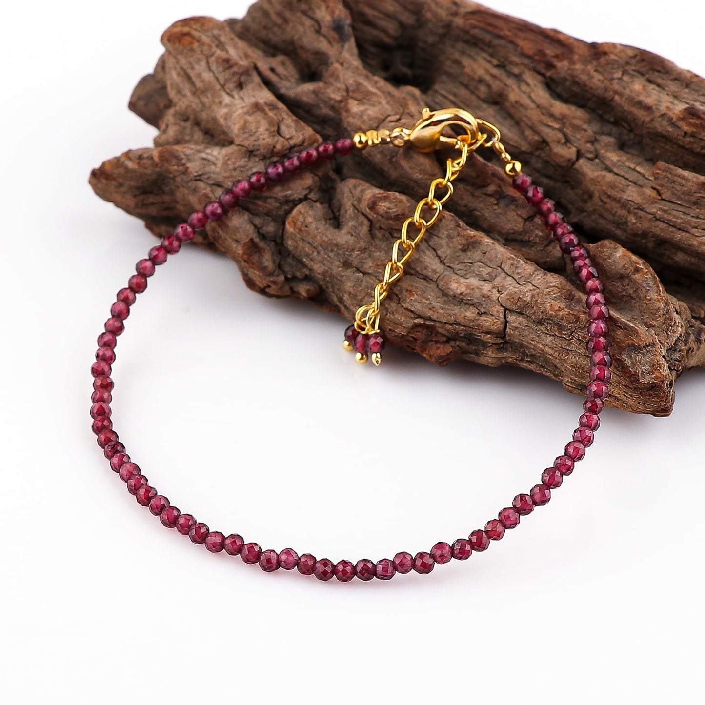 Natural Beaded Bracelet Birthstone Gemstone Jewelry, 2-2.5 mm Faceted Beads, Hypoallergenic 8 Inch Gold Plated Handmade Crystal Dainty Bracelets For Women (Red Garnet)