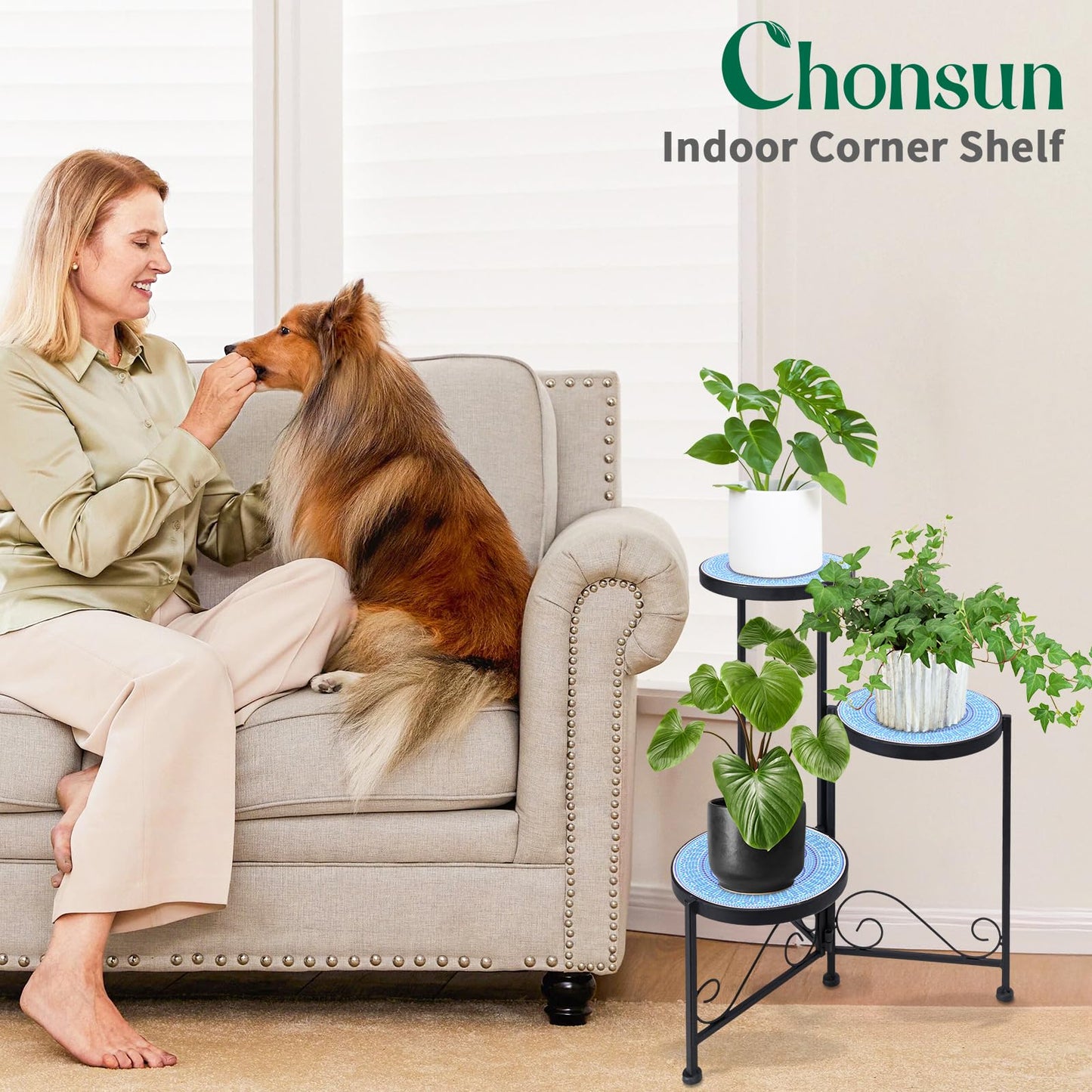 Chonsun Plant Stand Indoor 3 Tie Mosaic Metal Corner Shelf Outdoor Plant Pot Holder Folding Storage Corner Table Plant Shelves for Living Room