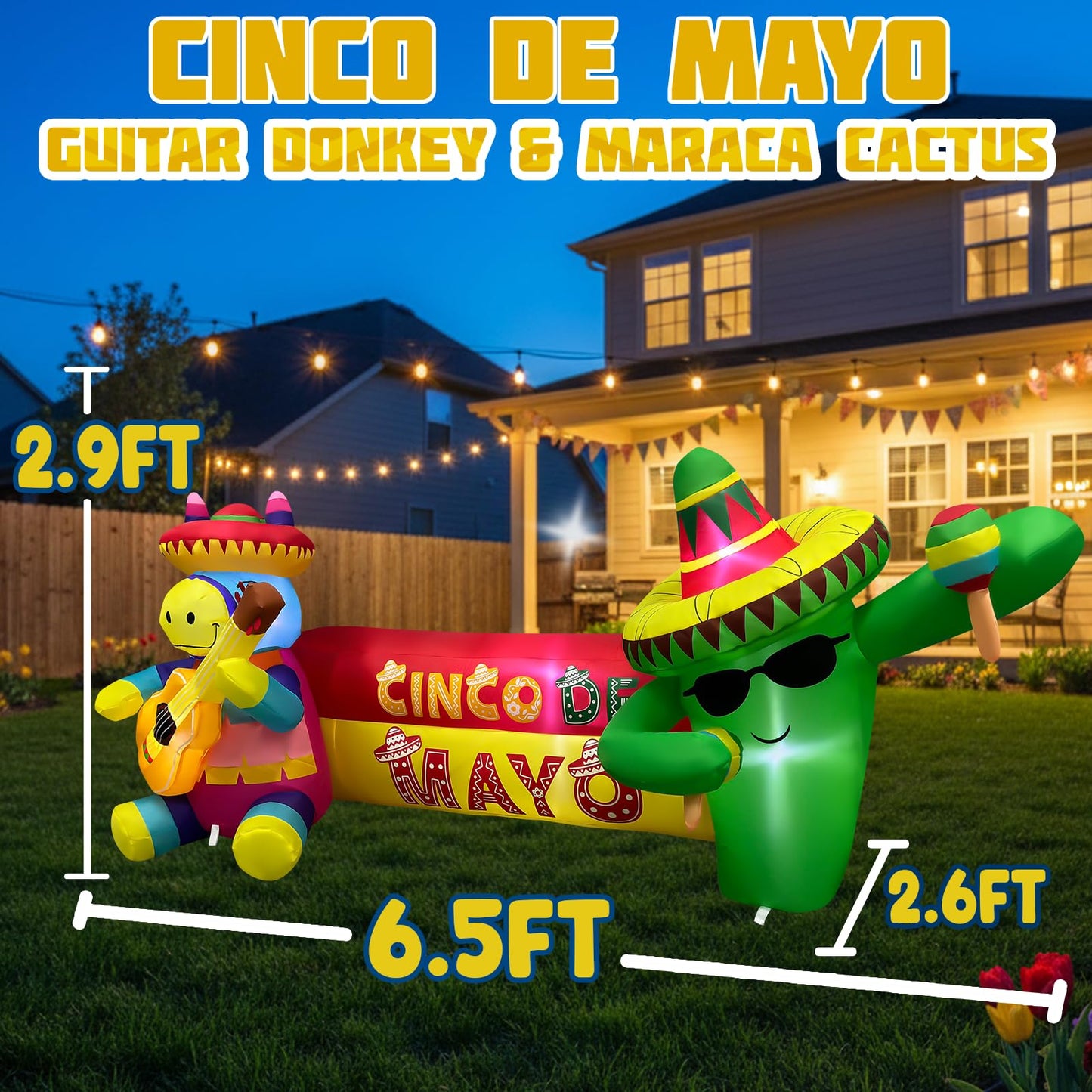 6.5FT Long Cinco De Mayo Inflatables Outdoor Decorations, Guitar Donkey & Maraca Cactus, Mexican Fiesta Blow Up Yard Decor for May 5 Taco Party, Lawn Garden Indoor Outdoor