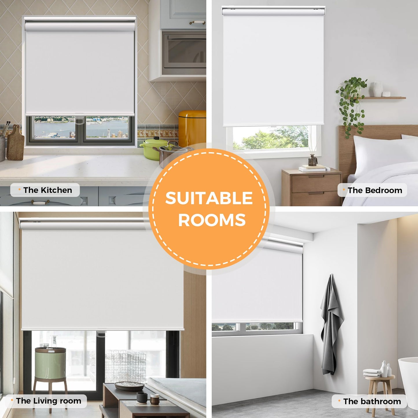 Cordless Roller Shades Blackout Blinds for Windows Room Darkening Rolled Up Shades with Spring System, UV Protection Window Shades Door Blinds for Home and Office (White, 26" W x 72" H)