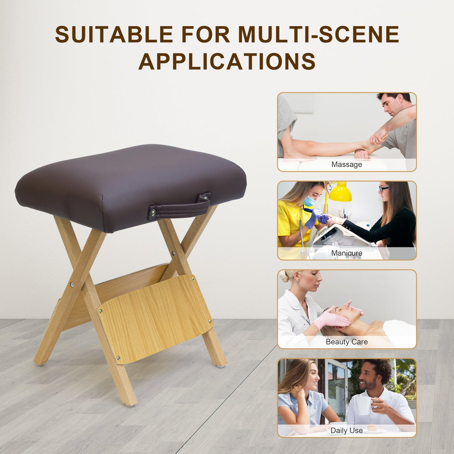 Elitzia Convenient Wooden Folding Stool SPA Beauty Salon Beautician PU Sponge Soft Hand-Held Portable Travel to Folding Low Stool Comfortable Working Wood Foldable Chair Home ET20646 (Coffee Colour)