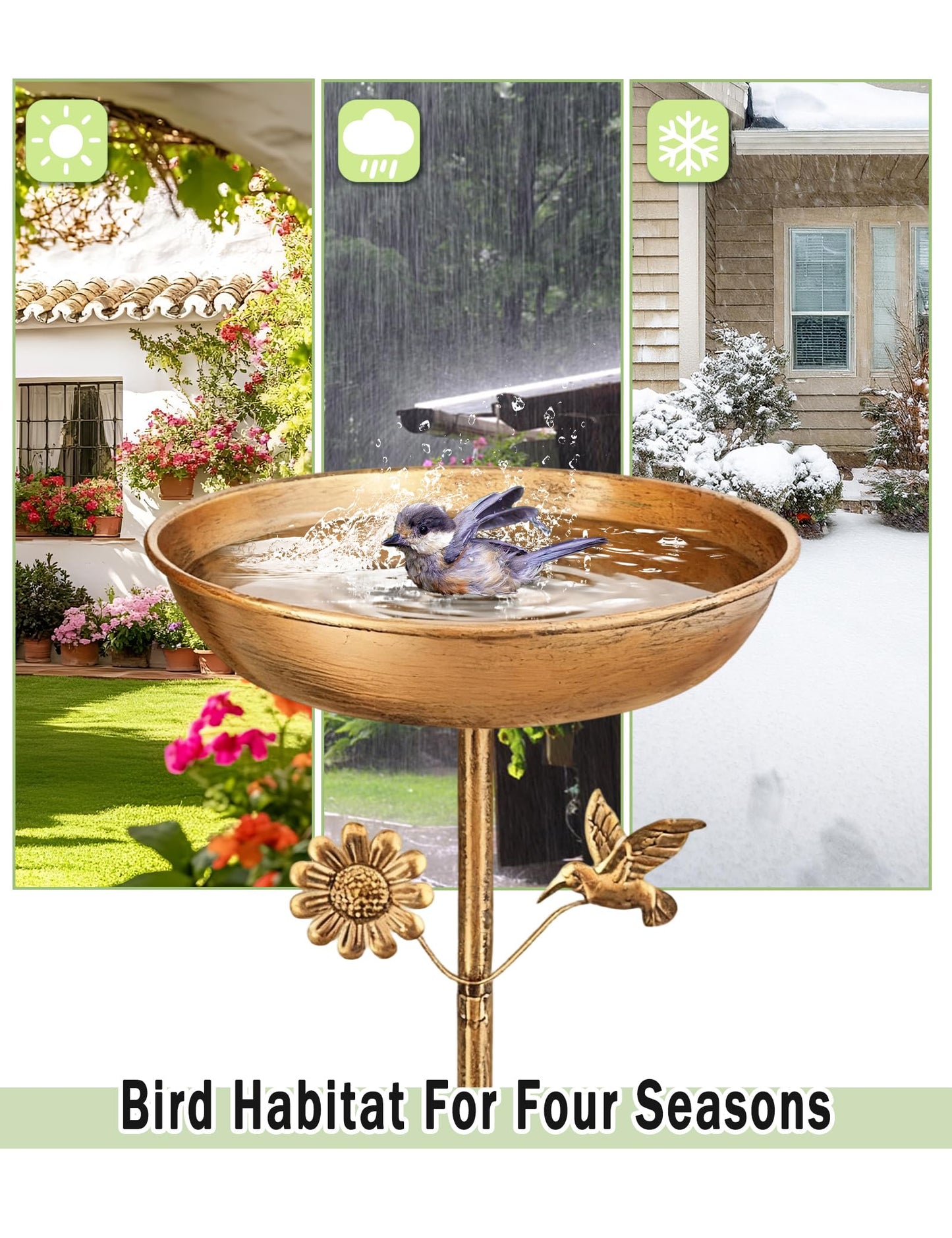 Freestanding Bird Bath with Metal Stake - 11” Antique Bronze Metal Birdbath Bowl & Feeder for Outdoor Garden Yard Decor