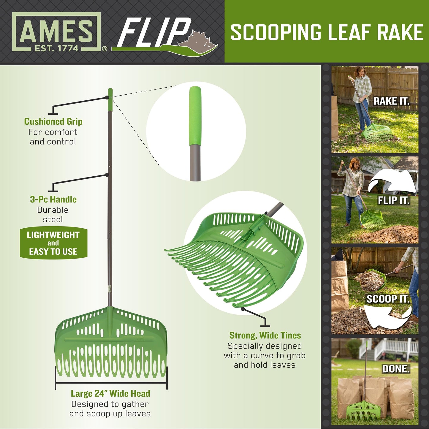 Flip Scooping Leaf Rake, Heavy Duty Lawn and Yard Care, Extra Wide Head, Green