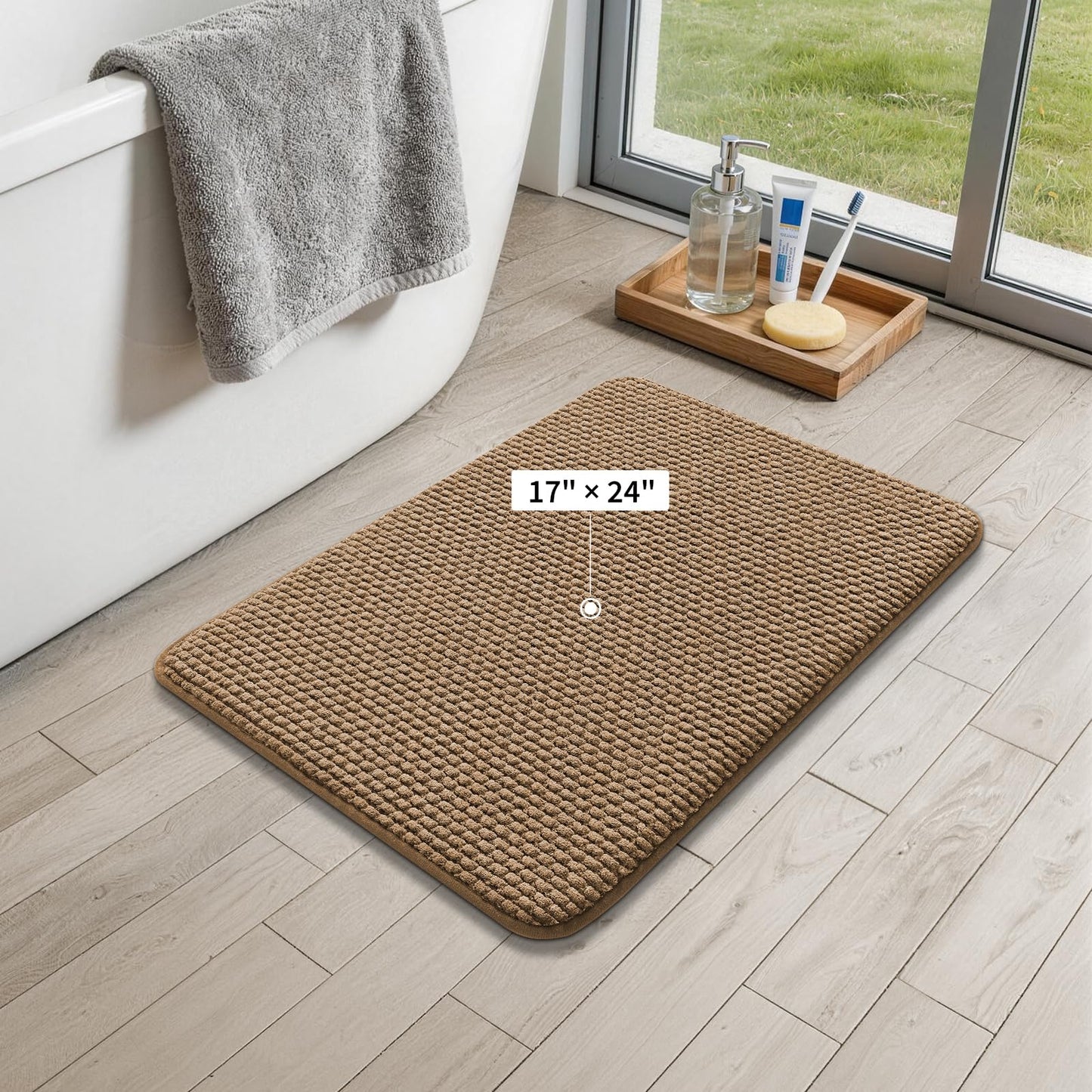 YIHOUSE Bathroom Rugs 17x24, Extra Thick Soft Absorbent Chenille Bath Rug Non-Slip Quick Dry, Machine Washable Bath Mats for Bathroom, Floor, Tub and Shower, Home Decor, Beige