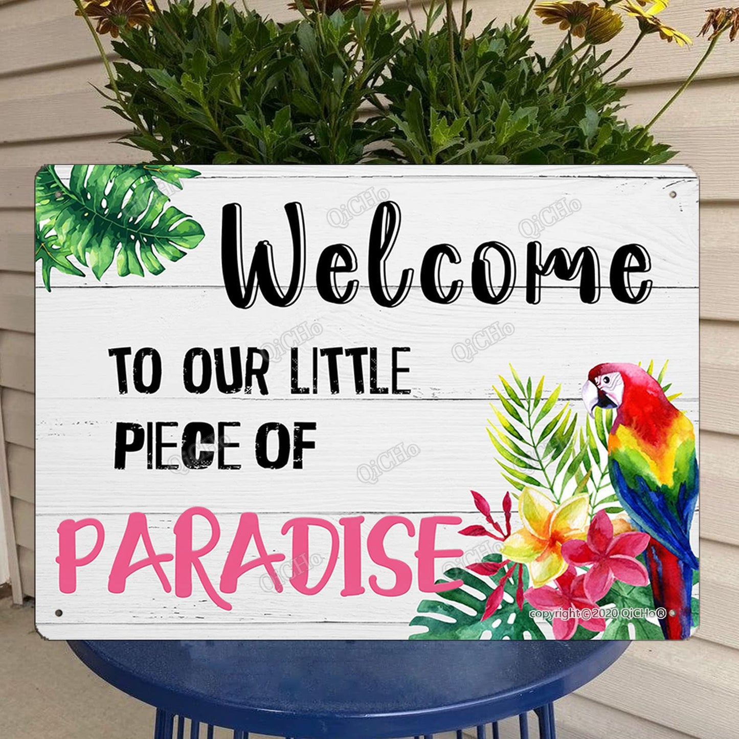 QiCHo Welcome To Our Little Paradise Sign, 8"X12" All Weather Metal Sign, Outdoor Pool Sign, Fun Wall Decoration