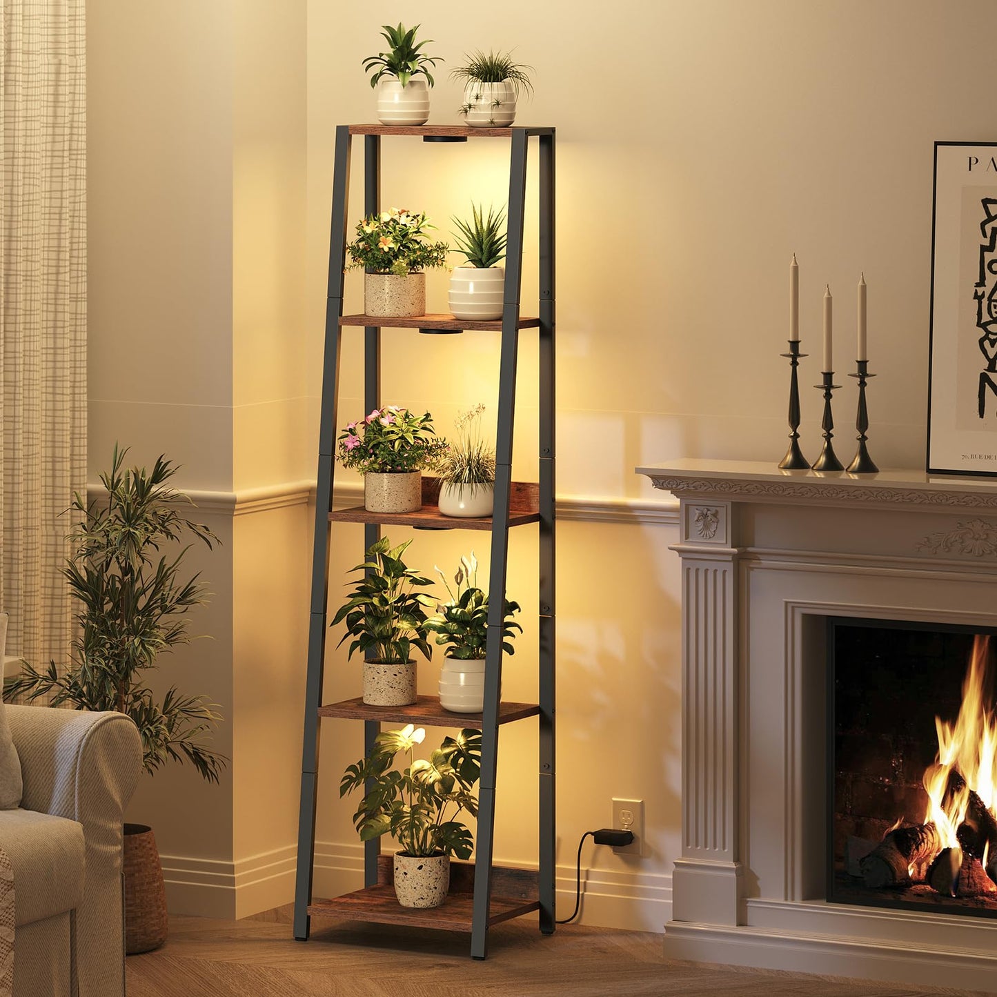 MAHANCRIS Plant Stand with Grow Light, 5 Tier Plant Shelf with Timer for Indoor Plants, Ladder Shape Flower Rack with Raised Back Edges, for Living Room, Balcony, Rustic Brown and Black PSHR05E01