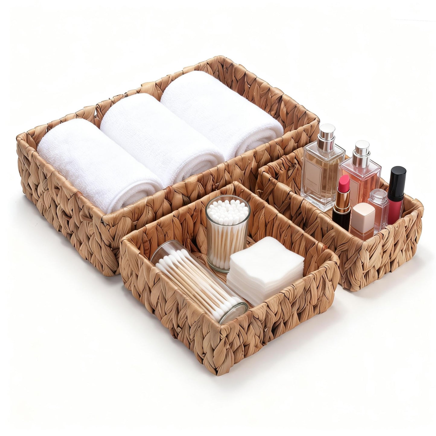 3 Pack Wicker Storage Basket, Natural Woven Water Hyacinth Storage Basket for Shelf Organizing