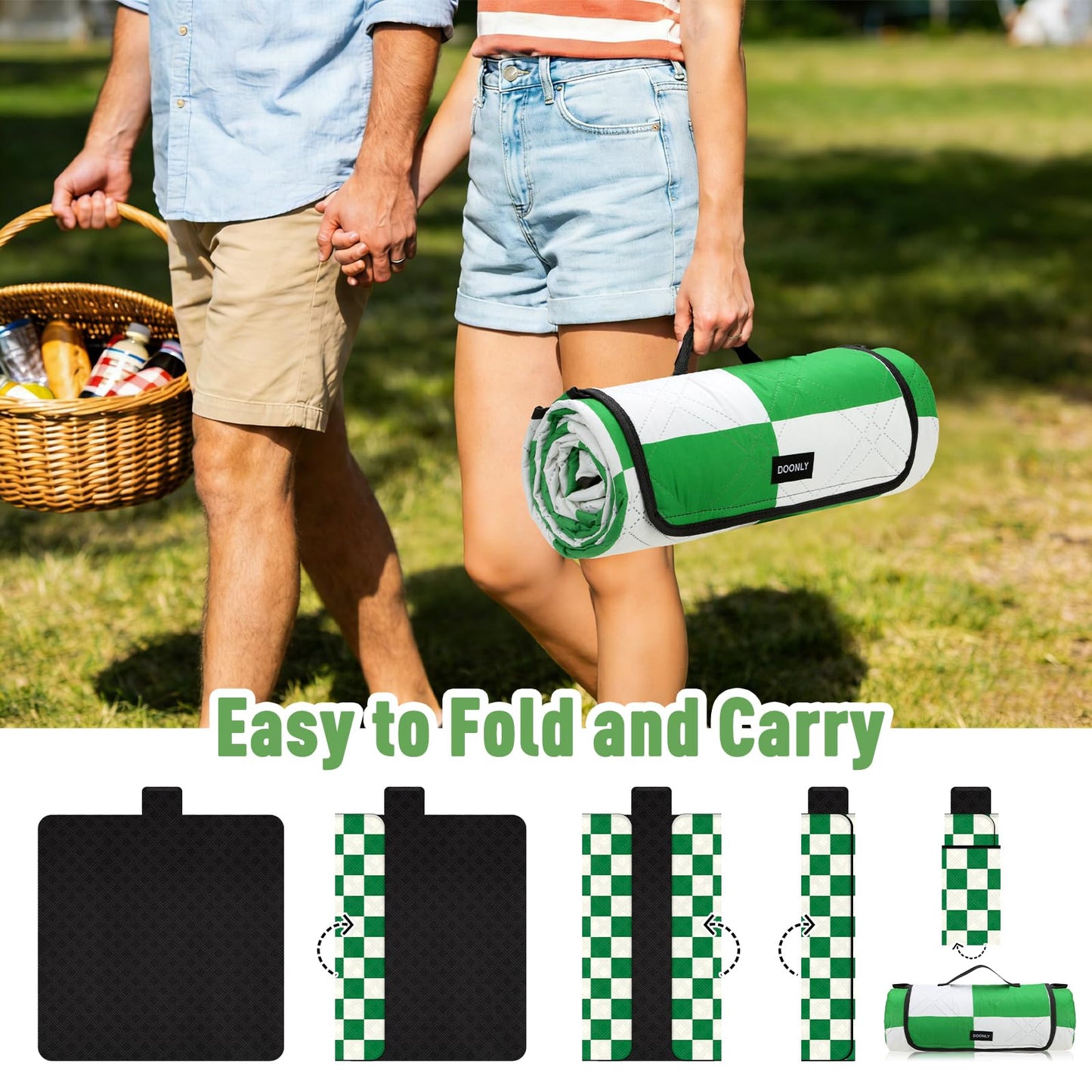 Doonly Picnic Blanket, 78" x 78" Large Waterproof Sandproof Beach Blanket, Foldable Outdoor Blanket Gingham Picnic Mat for Beach, Camping, Park, Grass, Lawn, Travel (Green)