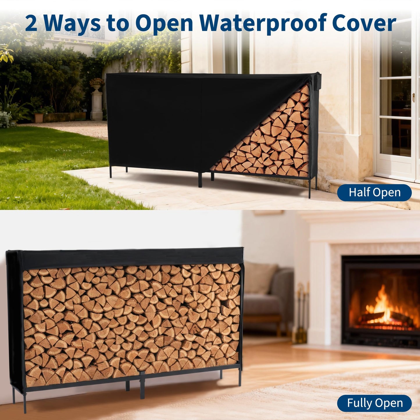 DUMOS 8FT Heavy Duty Firewood Storage Rack, Firewood Storage Log Rack with Cover and Zipper, Indoor Outdoor Wood Racks for Fire Wood Holder, Black