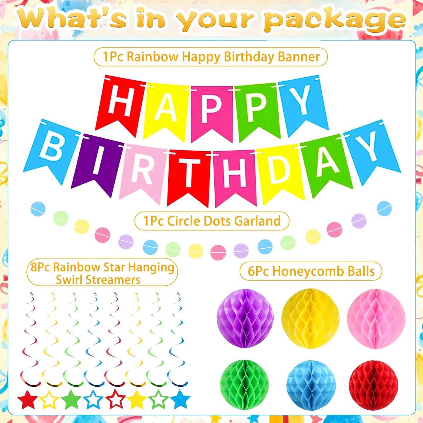 XXFBJNMD Colorful Birthday Banner with Honeycomb Balls, Stars, Swirl Streamers, Circle Dots Garland for Birthday Party