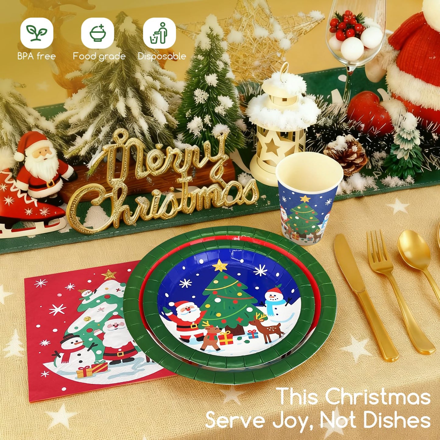 Christmas Paper Plates Disposable w/Napkins Cups & Cutlery, 50 Serves Santa Dinner Plates Sets, Heavy Duty Christmas Plates Disposable Supplies for Family, Winter Holiday Party Decrorations 175 pcs