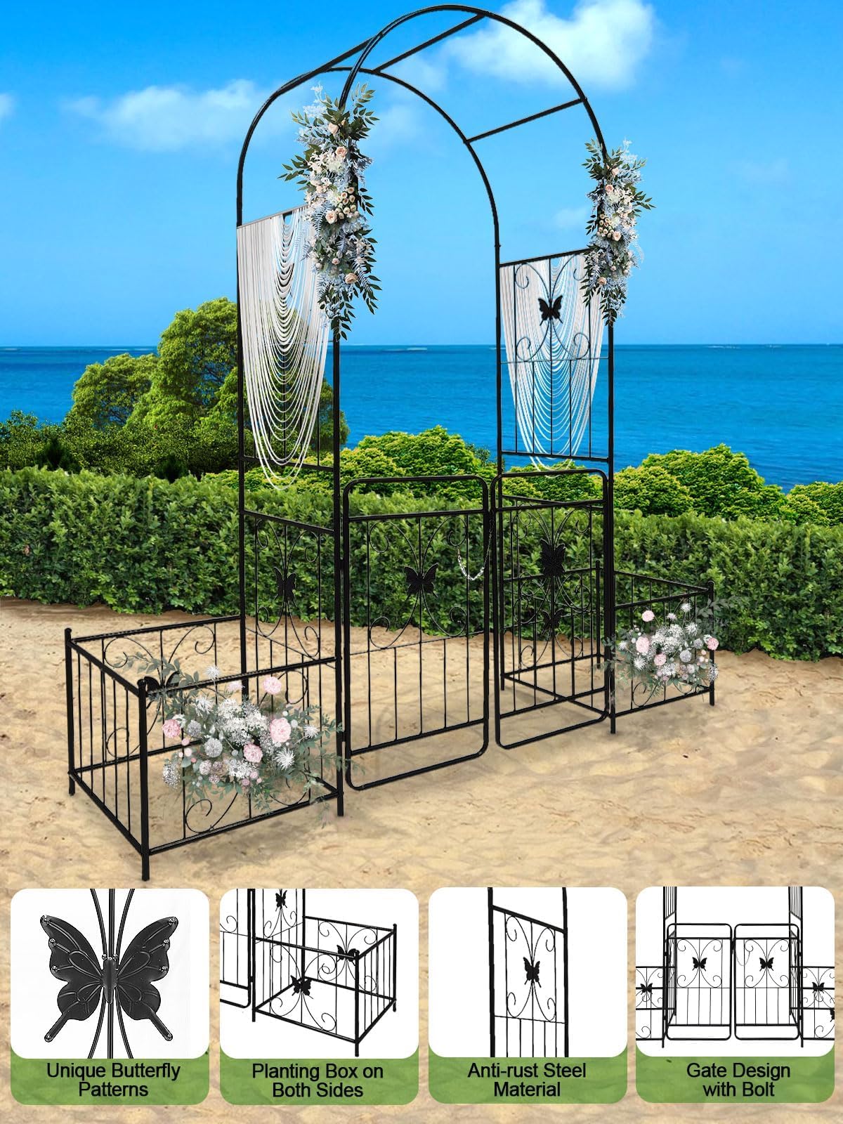 Kalolary Garden Arch with Gate and Plant Box, Heavy Duty Metal Butterfly Garden Arbor for Climbing Plant Raised Bed Rose Vines Climbing Support for Lawn Backyard Patio Outdoor Decor (86.6"x79.8"x20")