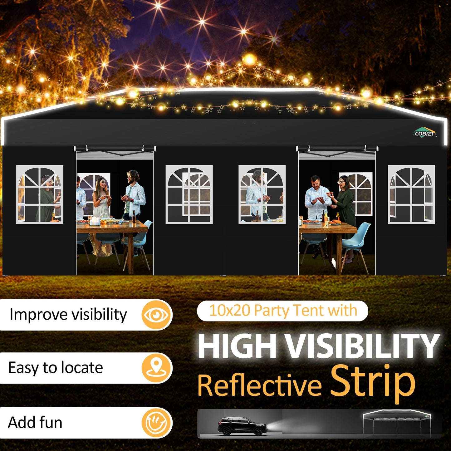 COBIZI 10x20 Pop Up Canopy Tent with 6 Sidewalls One Push Setup Outdoor Commercial Gazebo Waterproof UPF 50+ Party Tent with Carry Bag,Air Vent,Sandbag Tents for Parties,Wedding,Backyard,Black