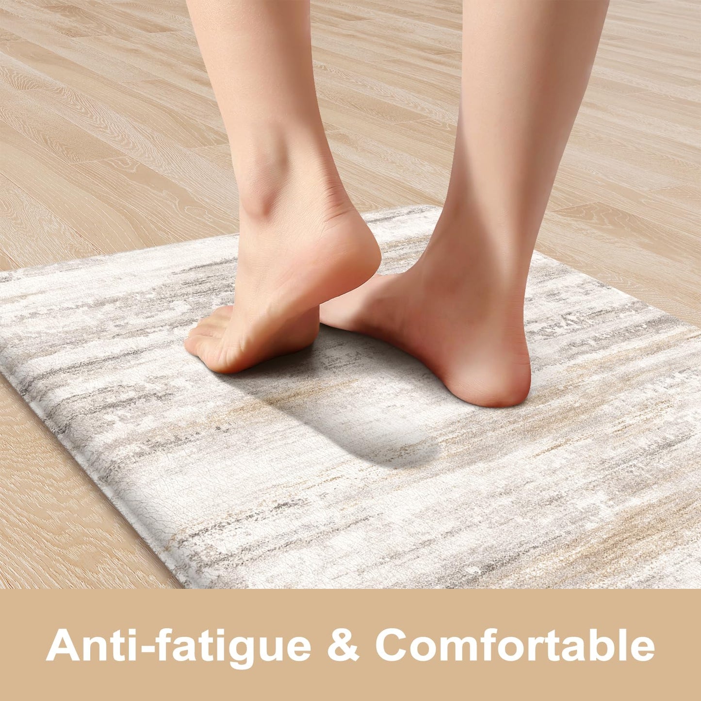 KIMODE Anti Fatigue Kitchen Mats for Floor 2 Piece, Cushioned Abstract Kitchen Rugs,Memory Foam Kitchen Floor Mats, Standing Desk Mats for Laundry, Office, Sink Light Brown Multi 17"x47"+17"x29"