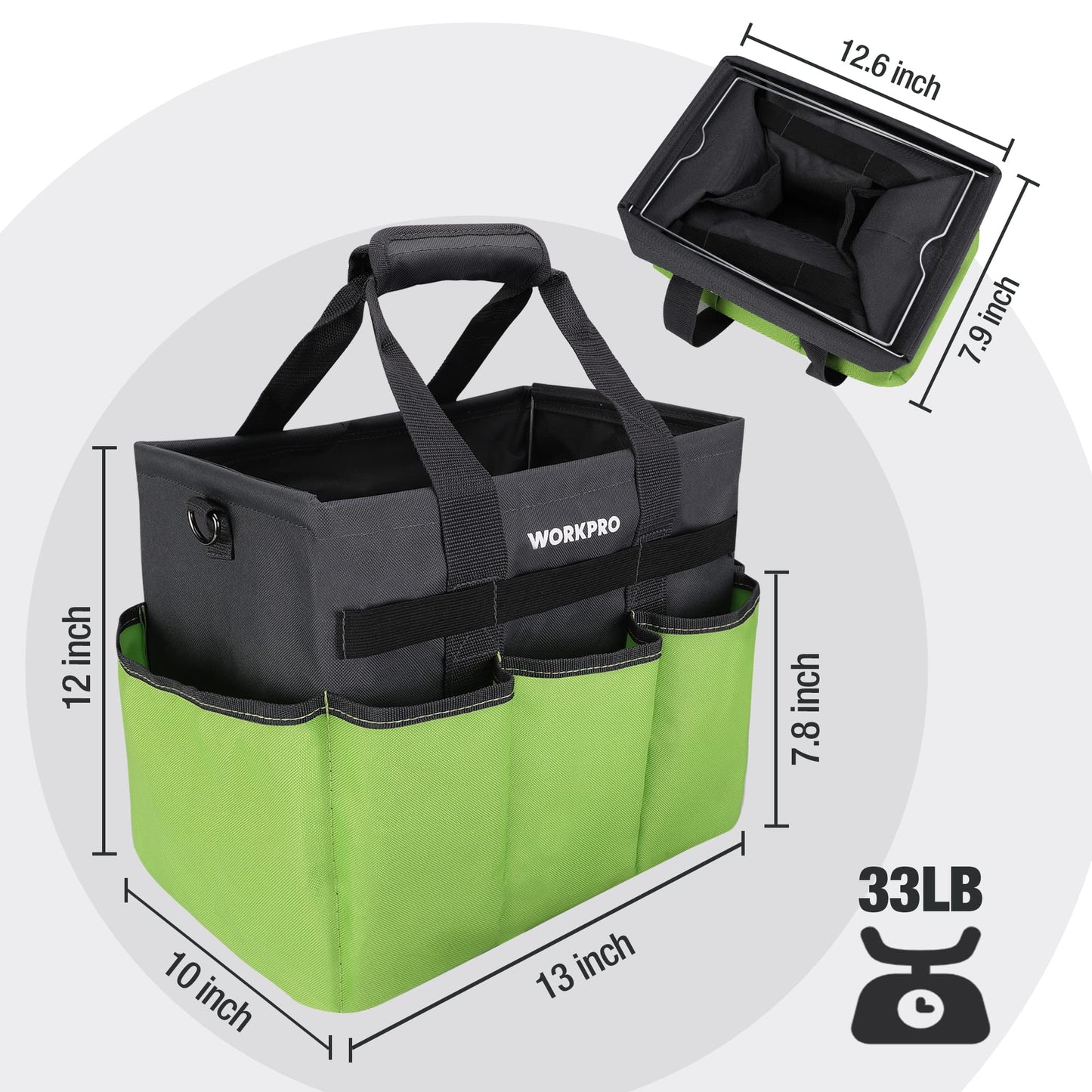 WORKPRO Garden Tool Bag Organizer, Heavy Duty Gardening Tote Bag with 10 Pockets and Long Adjustable Shoulder Strap, Standable Garden Home Tool Kits Organizer, Green (Tools are not Included)