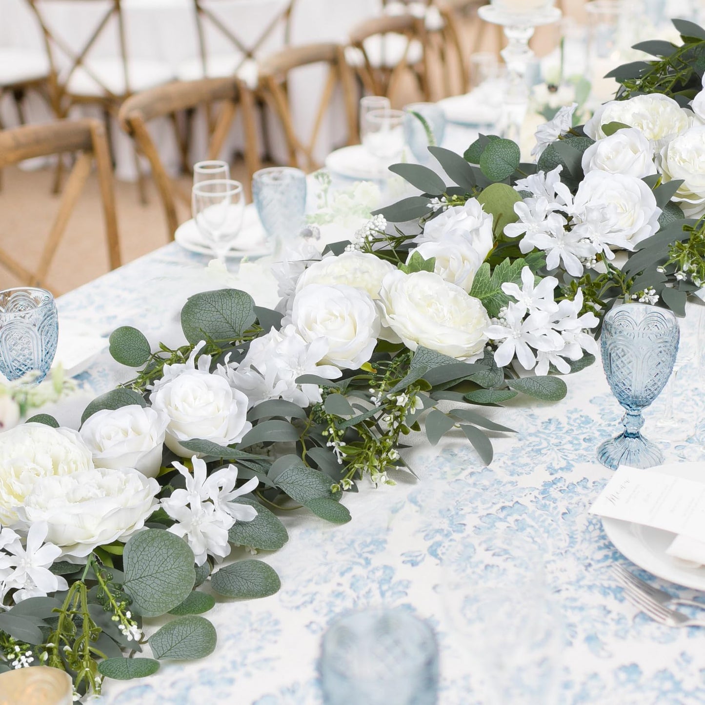 DearHouse 2Pcs Artificial Peony Flower Garland and - Silk Peony Garland with Flowers and Eucalyptus for Wedding Party Table Decoration,6ft/Strand (White)