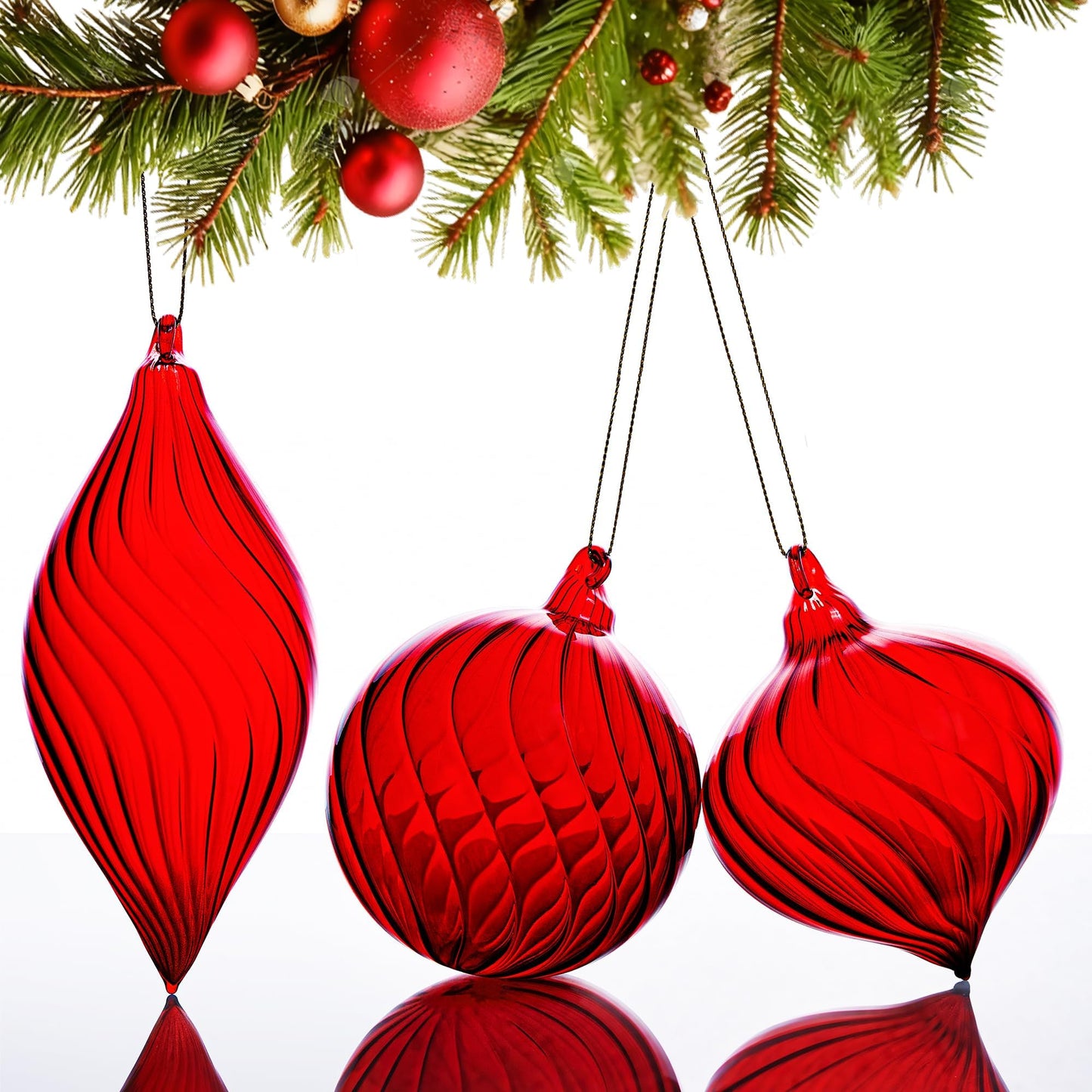 3 Pcs Hand Blown Glass Christmas Ball Ornaments Hanging Xmas Tree Decorations for Home Wedding Birthday Party Holiday (Red)