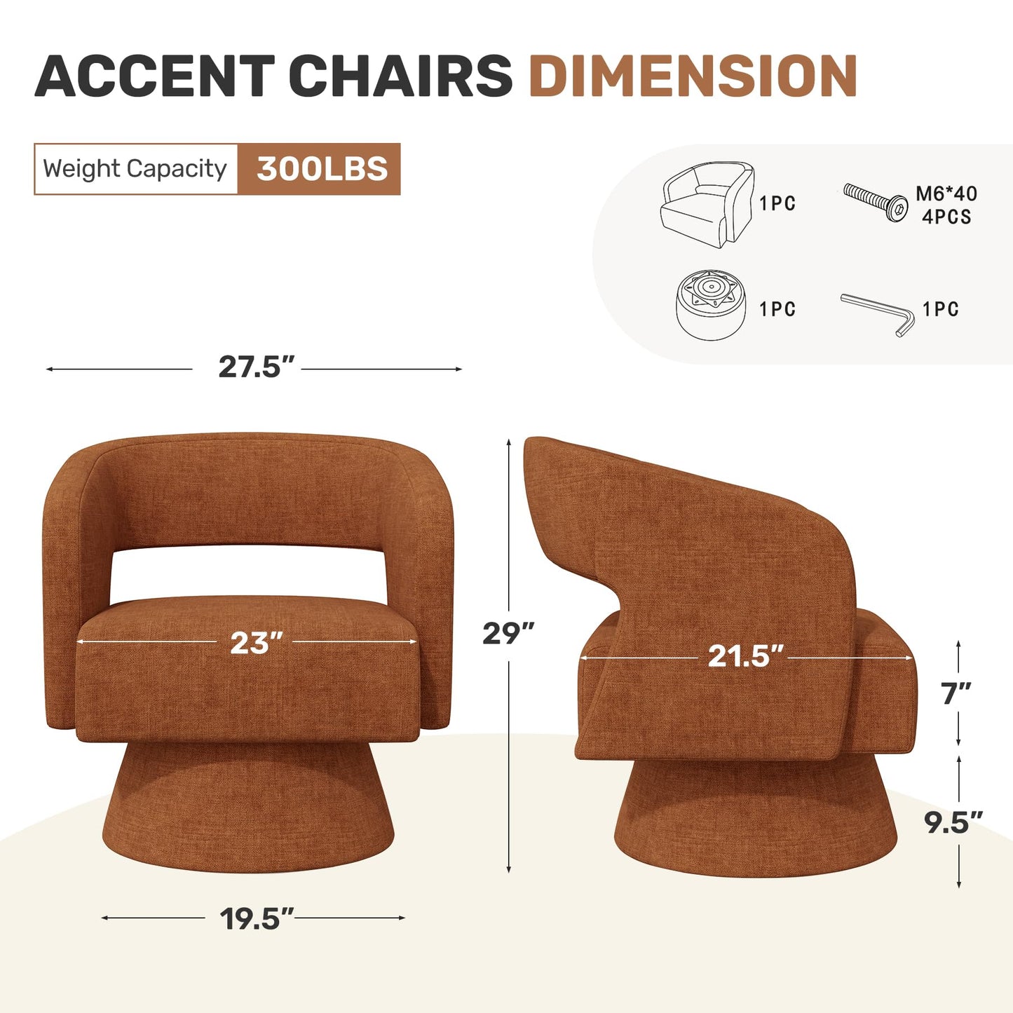 Nebuaegis Swivel Accent Chair Set of 2, Modern Comfy Chenille Barrel Chairs, Oversized Upholstered Round Arm Chair for Living Room, Bedroom, Reading Room, Caramel