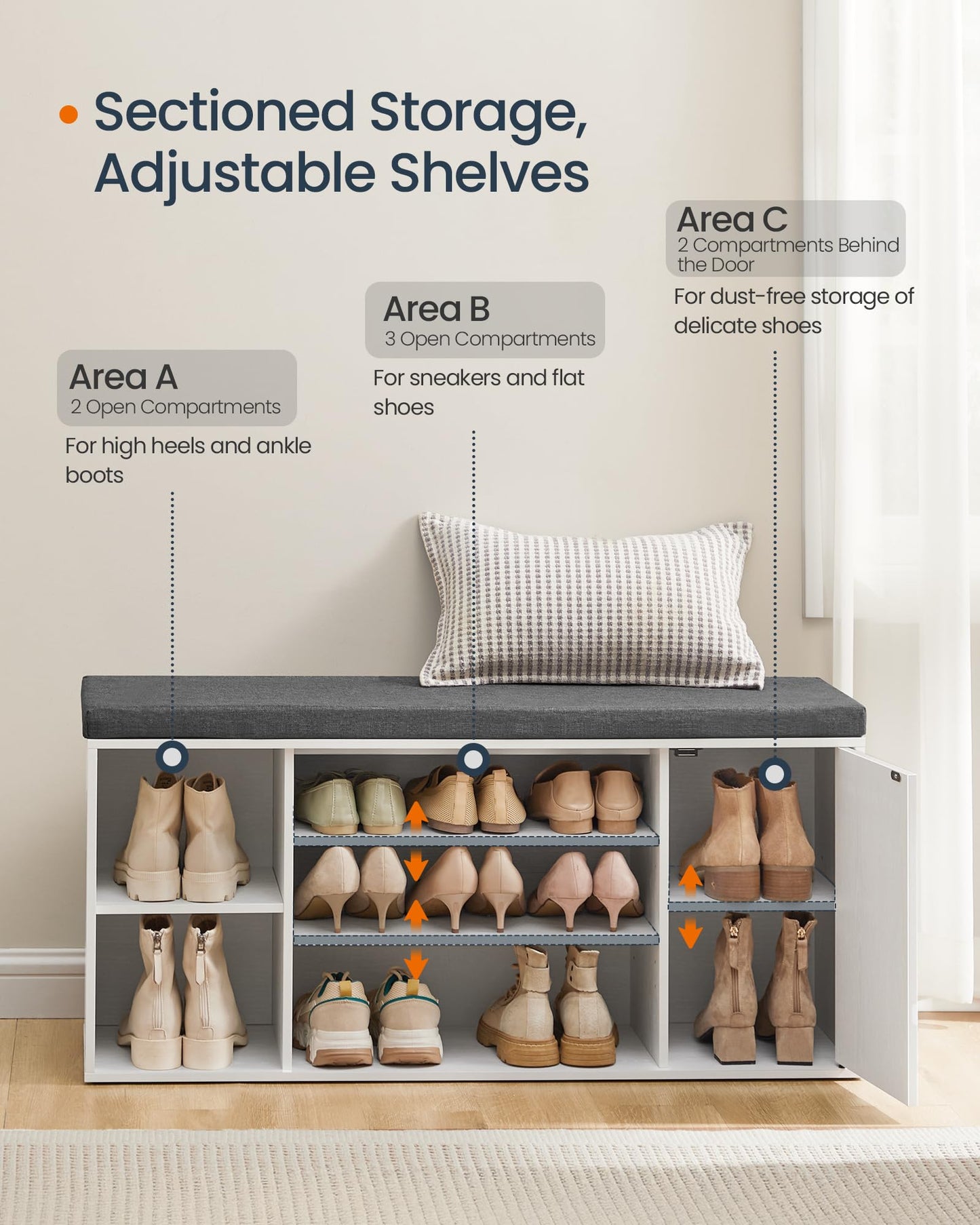 SONGMICS HOME Storage Bench, Superfast Toolless Assembly, 41" Wide Entryway Shoe Cubby Bench with Cushion & Adjustable Shelves, Window Shoe Rack Cabinet, Snow White and Slate Gray ULHS391WE02S