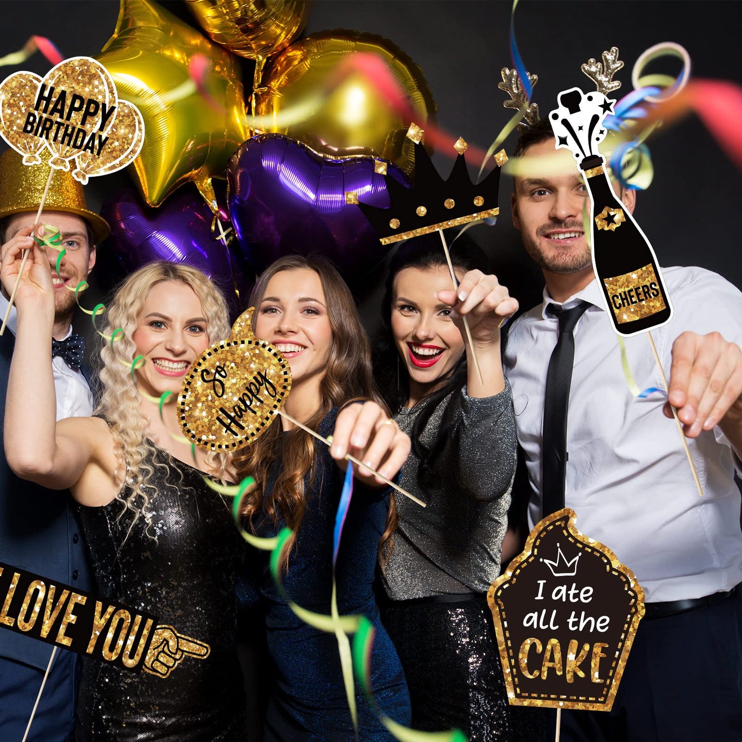 Outus 36 Pcs Birthday Photo Booth Props Kit Happy Birthday Graduation Wedding Party Favors Supplies Bday Party Decor 40th- 50th-60th Photobooth Funny Cute Holiday Selfie Supplies(Gold and Black)