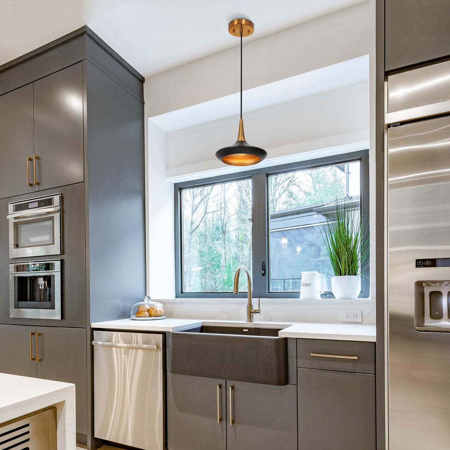 LALUZ Modern Black Gold Pendant Light, Adjustable Hanging Light Fixture with Electroplated Finish for Kitchen Island, Dining Room, Bedroom