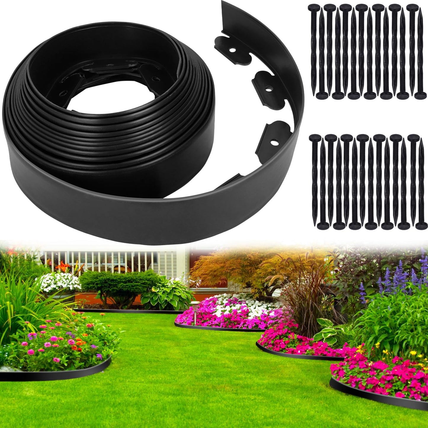 3IN x 50FT Landscape Edging Border with 75 Spikes, Plastic Edging for Landscaping, No Dig Garden Border Edging Kit for Flower Beds, Lawn, Yard, Paver Pathway