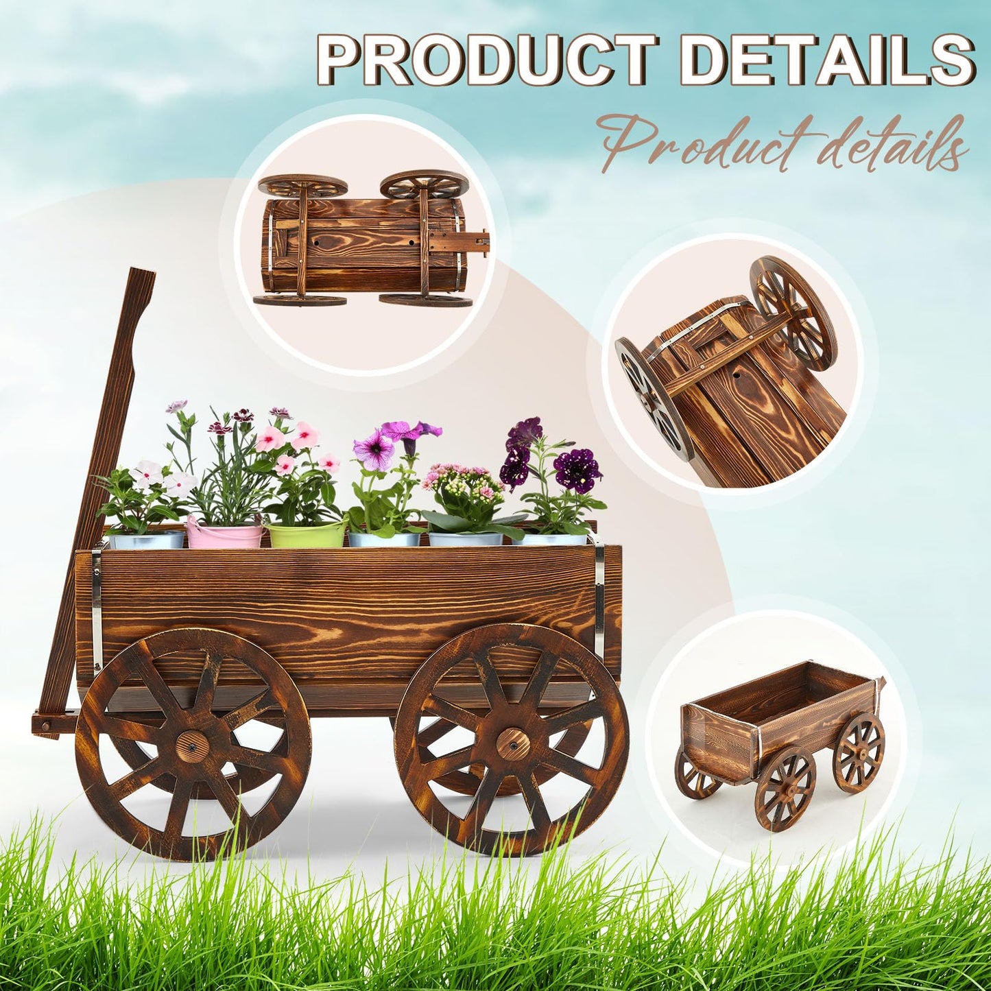Beeveer Wooden Wagon Flower Planter Cart Garden Planter Box with Wagon Wheels Cart for Home Garden Outdoor Balcony Decorative, Patio Flowers Herbs Vegetables, Brown 34 x 23.5(Small Classic)
