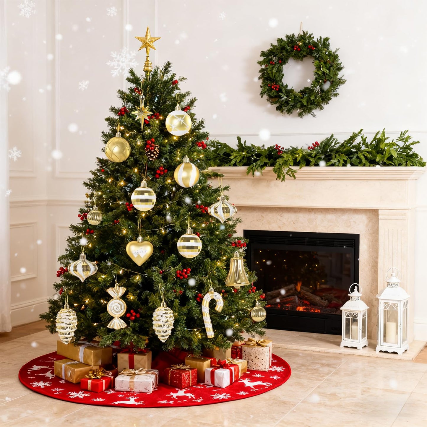 Christmas Ornaments, 16Pcs Gold and White Christmas Ornaments Set with Hanging Strings Ideal for Christmas Tree Decorations and Indoor Accents