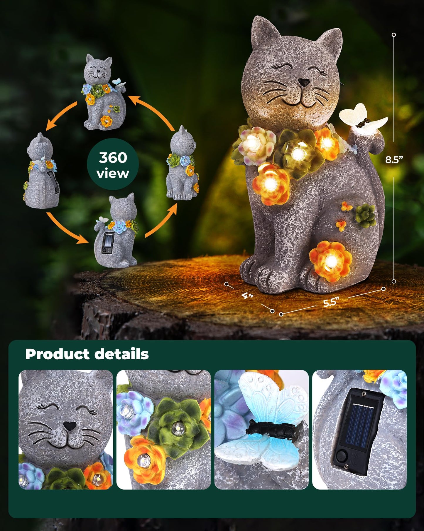 Vuees Solar Garden Statues Outdoor Decor, 6 LED Cat Flowers Butterfly Figurine Lights, Waterproof for Balcony Patio Porch Lawn Yard Ornament Art - Gift Ideas for Housewarming Gardening Grandma Women