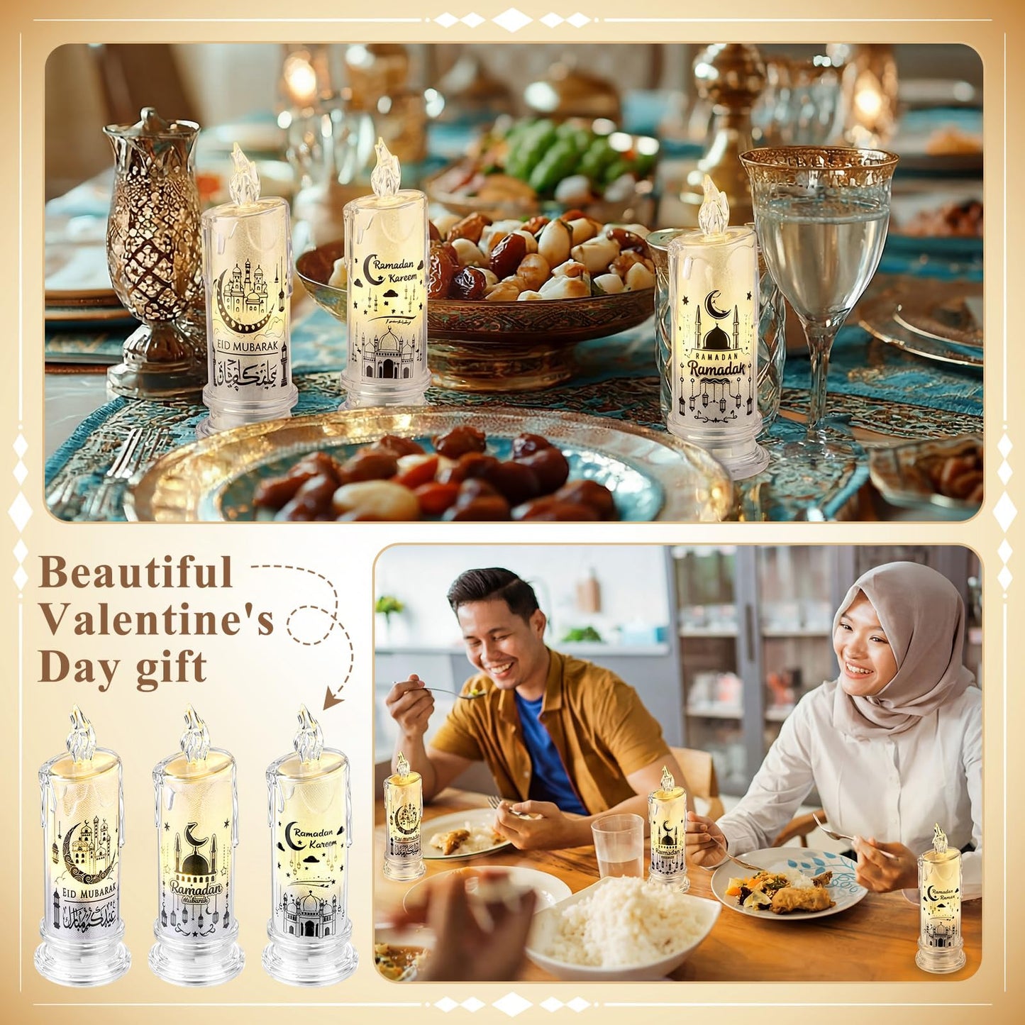 VIHOSE 3 Pcs Ramadan Decorations for Home Eid Mubarak Flameless Candles LED Battery Operated Candles Muslim Moon Decorative Lights for Home Muslim Ramadan Decorations