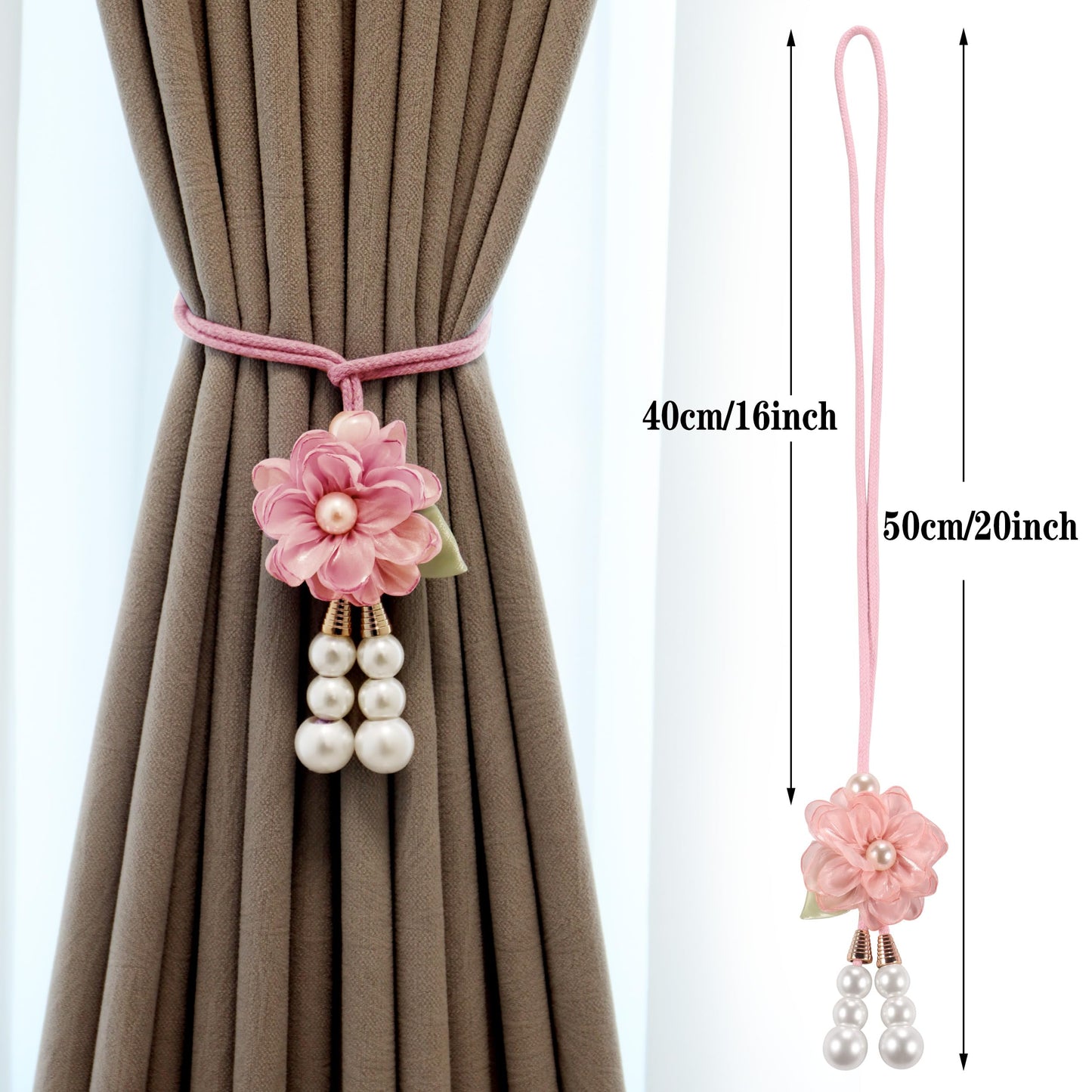 Adjustable Curtain Tiebacks， 4-Pack Hand-Woven Rope with Silk Flower & Pearl， Decorative Window Cord Holders for Drapery， Long Loop Design for All Curtain Thickness (Pink)