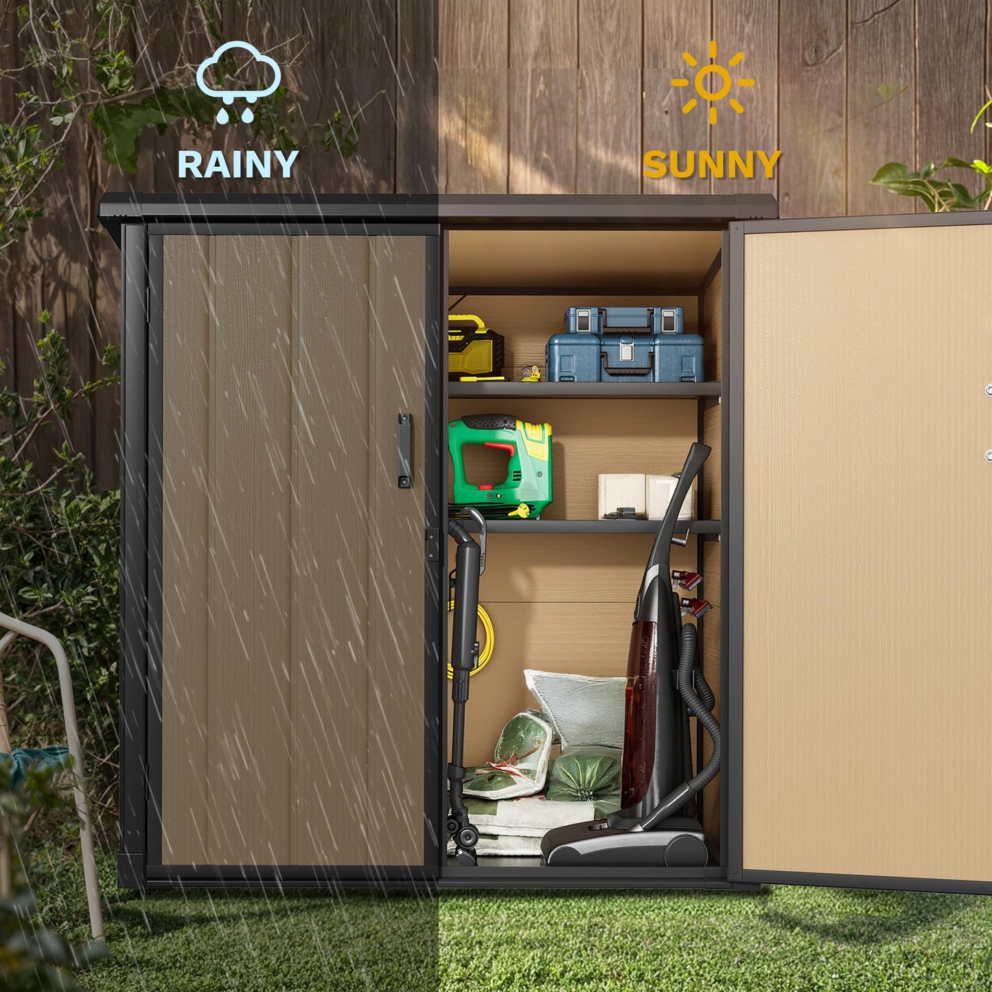 DWVO 54 cuft Outdoor Storage Shed with 2 Shelves, 4.2x2.6x5ft Vertical Tool Shed with Floor & Lockable Doors, Sturdy Double-Wall Plastic Cabinet for Garbage Cans and Garden Equipment (Brown)
